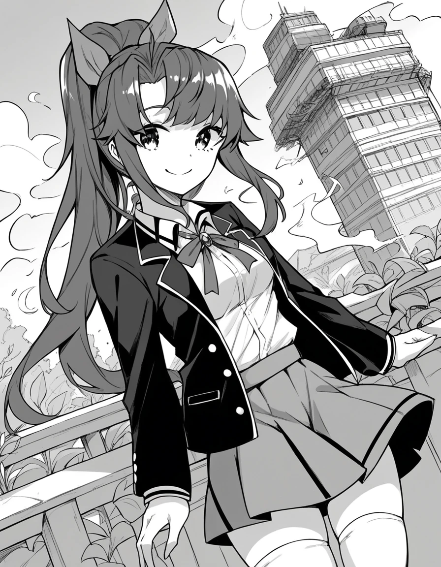 score_9, score_8_up, score_7_up, source_anime, <lora:hiyori-natsuno-manga-ponyxl-lora-nochekaiser:1>, hiyori natsuno, long hair, bangs, ribbon, hair ribbon, ponytail, monochrome, greyscale, medium breasts,, skirt, shirt, thighhighs, bow, school uniform, jacket, neck ribbon,, cooling tower, smoke, power, plant, height, smile, smile, looking at viewer, solo,, dutch angle, cowboy shot