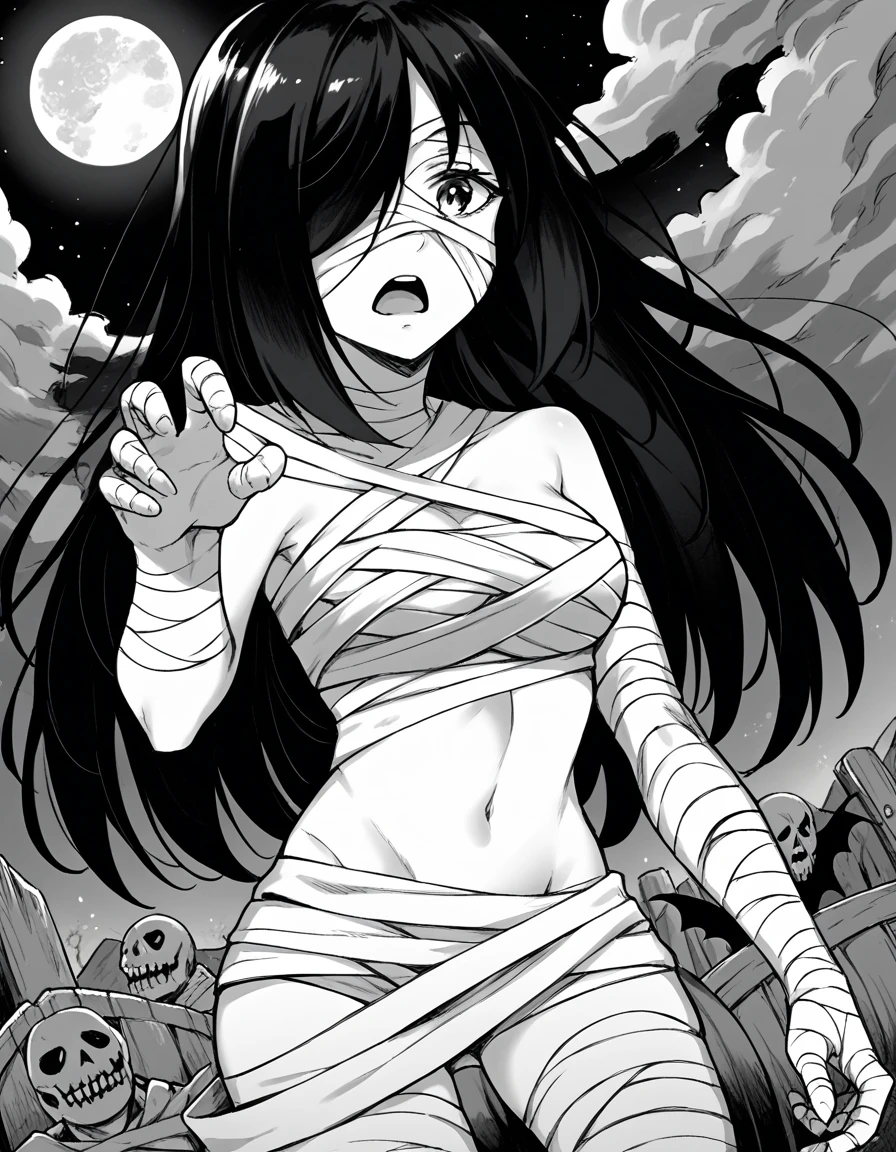 score_9, score_8_up, score_7_up, source_anime, <lora:enishi-fuyushima-manga-ponyxl-lora-nochekaiser:1>, enishi fuyushima, long hair, hair over one eye, black hair, monochrome, greyscale, medium breasts,, <lora:mummy-costume-ponyxl-lora-nochekaiser:1>, mummy costume, bandages, halloween costume, bandaged arm, zombie pose, bandage on face,, desert, moon, night, open mouth, , dutch angle, cowboy shot