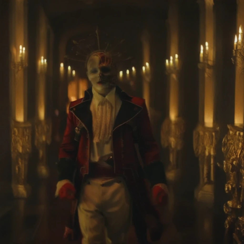 redjackdp, Red Jack walking slowly down a dark, opulent corridor in a Victorian mansion. He wears a red military coat with intricate gold embroidery, a white ruffled shirt, and a skeletal half-mask with an ornate gold spiked crown. His intense gaze is fixed forward, and the shadows cast an eerie glow over his pale, skeletal features. His coat flows as he moves, his white-gloved hands swinging slightly with each step. The dim lighting and gothic atmosphere create a sense of mystery and foreboding as he strides down the hallway.