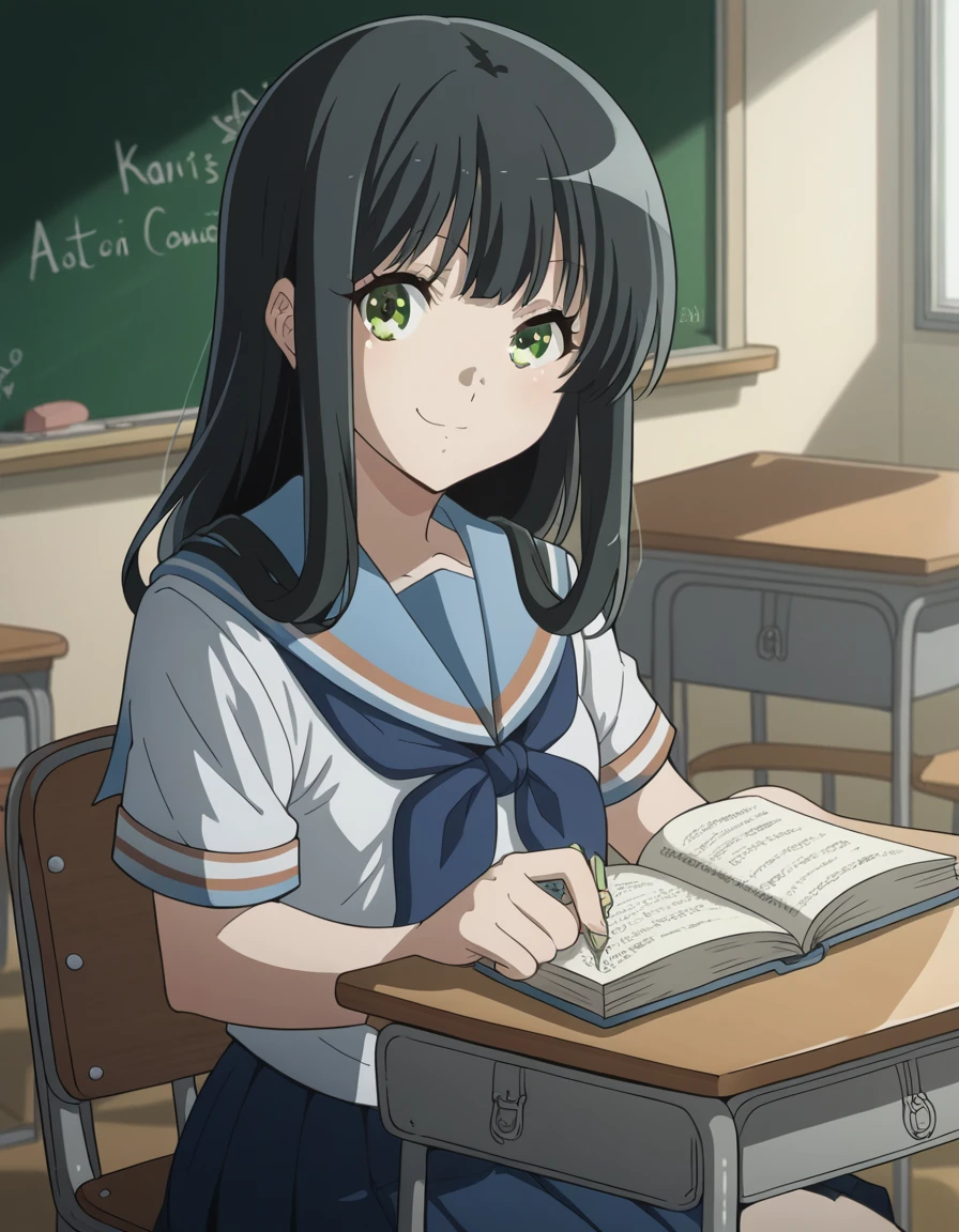 score_9, score_8_up, score_7_up, source_anime, <lora:sari-yoshii-s3-ponyxl-lora-nochekaiser:1>, sari yoshii, long hair, bangs, black hair, green eyes,, skirt, shirt, school uniform, white shirt, short sleeves, pleated skirt, serafuku, sailor collar, blue skirt, neckerchief, blue sailor collar, school bag, blue neckerchief, kitauji high school uniform,, classroom, chalkboard, daytime, studying, sitting, chair, desk, , smug, looking at viewer, solo,, dutch angle, cowboy shot