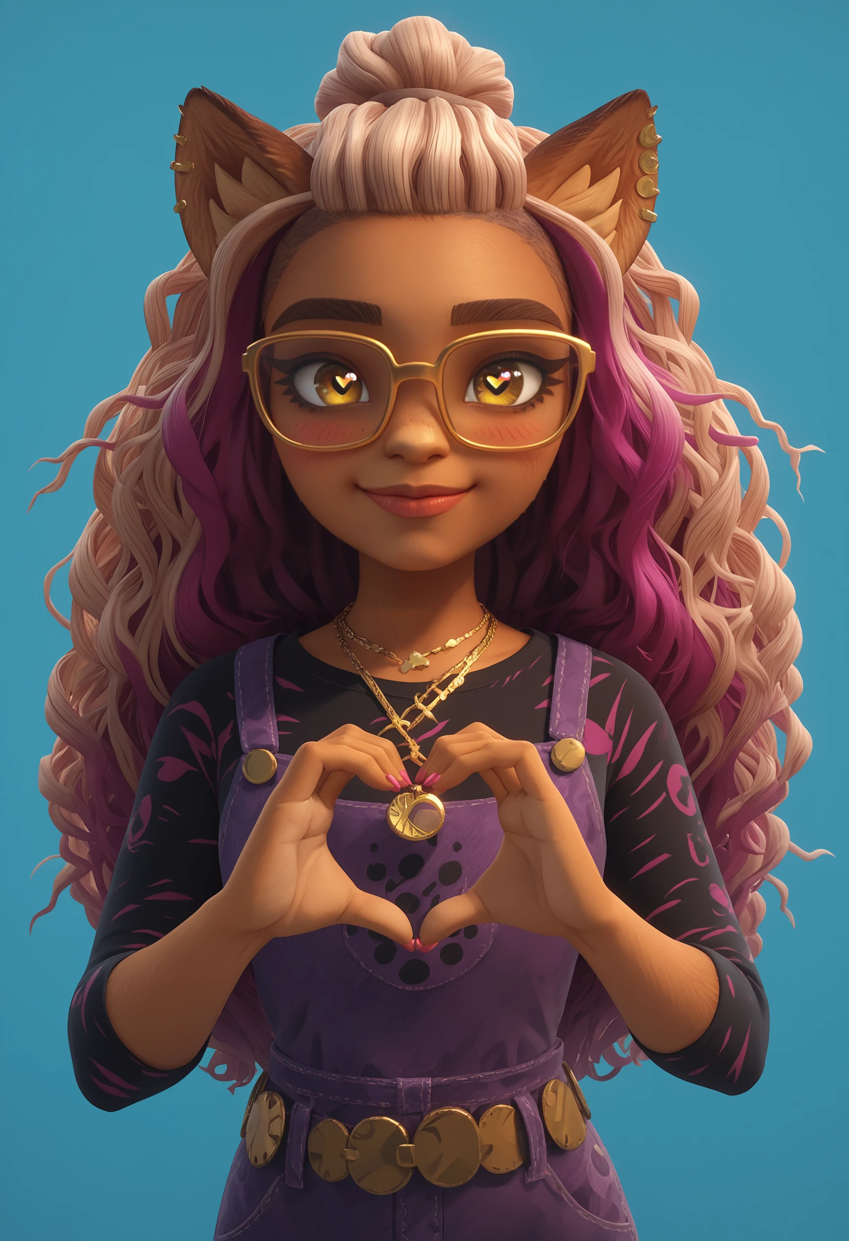 score_9, score_8_up, score_7_up, score_6_up, score_5_up, score_4_up, 1girl, <lora:ClawdeenMH:0.85>  solo, animal ears, long hair, multicolored hair, yellow eyes, dark skin, furry female, jewelry, glasses, yellow-framed eyewear, necklace, overalls, upper body, standing, smile, heart hands, blush, heart pupils, 
light blue background, simple background,