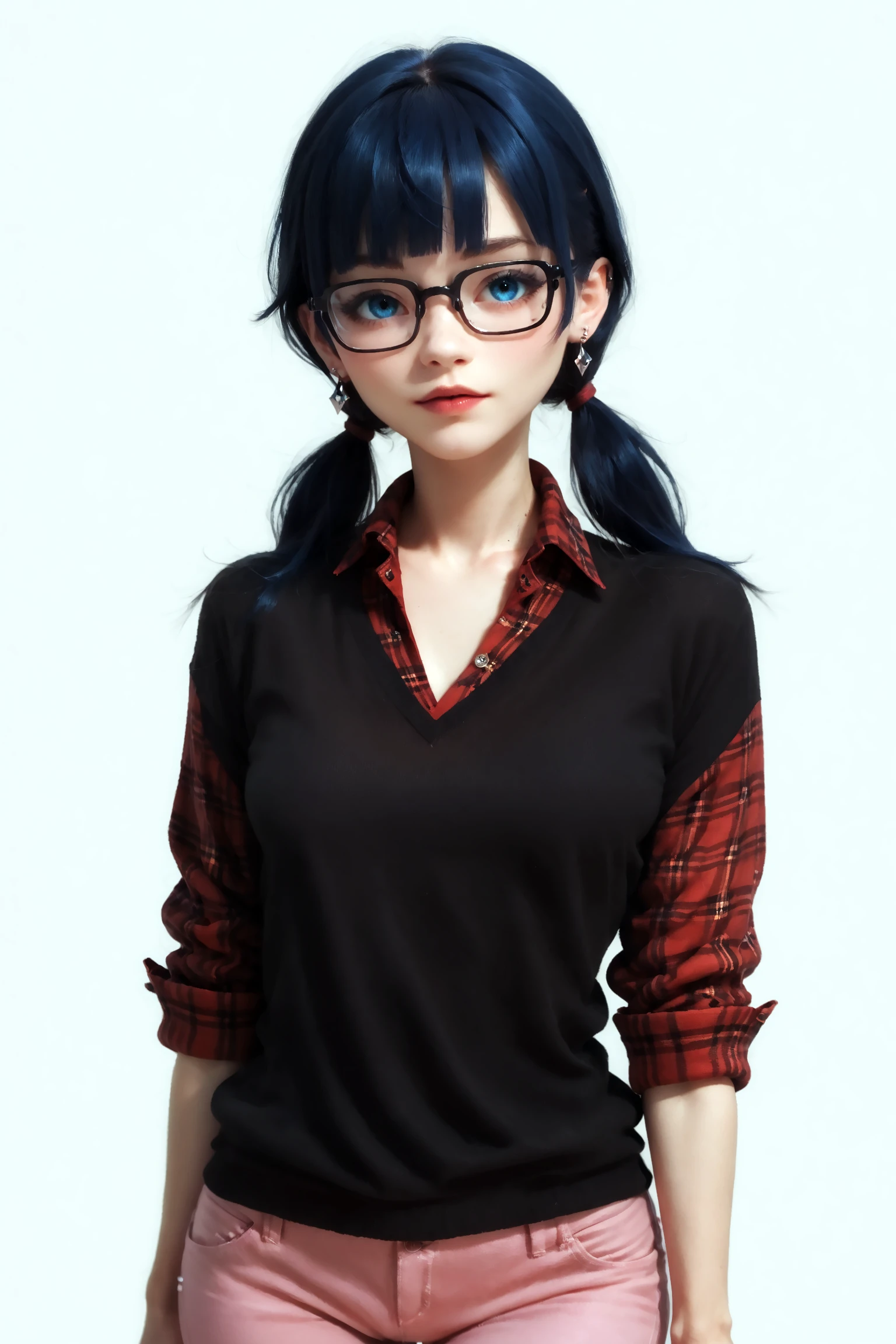 score_9, score_8_up, score_7_up, score_6_up,score_5_up,score_4_up, imtdsocquelinewang, 1girl, glasses, blue hair, twintails, , blue eyes, bangs, black-framed eyewear, semi-rimless eyewear, blunt bangs, over-rim eyewear, earrings, black sweater, plaid shirt under sweater, red plaid, red collared shirt, low twintails, sleeves rolled up, short twintails, pants, pink pants, wide hips, medium breast, Expressiveh,concept art,dark theme, rating_questionable.
