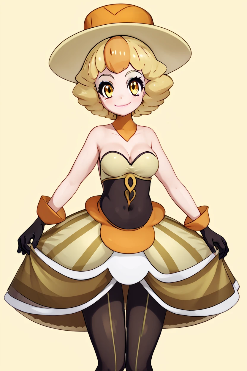 score_9, score_8_up, score_8, medium breasts, (curvy), cute, eyelashes,       ,,, , ,,,   zzNita, yellow eyes, blonde hair, short hair, yellow hat, yellow dress, bare shoulders, black gloves, pantyhose, <lora:Nita_Pokemon_PDXL:1.0>,       ,,,, BREAK, smile, closed mouth, looking at viewer, cowboy shot,  ,,, embedding:zPDXL, Expressiveh, ,,, <lora:MantisStyle_PDXL_v2:0.8>, <lora:SDXLFaeTastic2400:0.5>, <lora:Expressive_H-000001:0.4>,