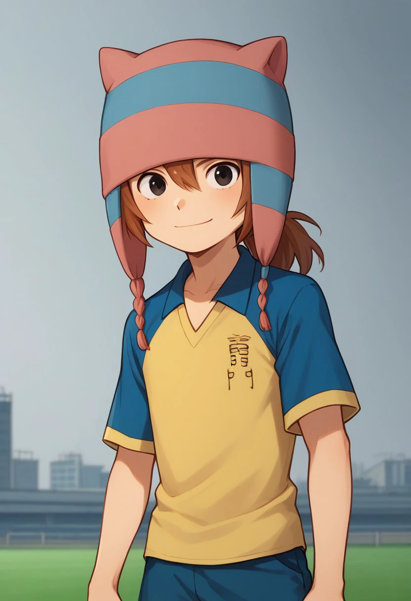 score_9, score_8_up, score_7_up, source_anime, highly detailed, 
matsuno, 1boy, male focus, solo, brown hair, ponytail, black eyes, hat, animal hat, sportwear, raimon, soccer uniform, raimon soccer uniform, shirt, raglan sleeves, blue shirt, yellow shirt, short sleeves, shorts, blue shorts, smile,
outdoor,