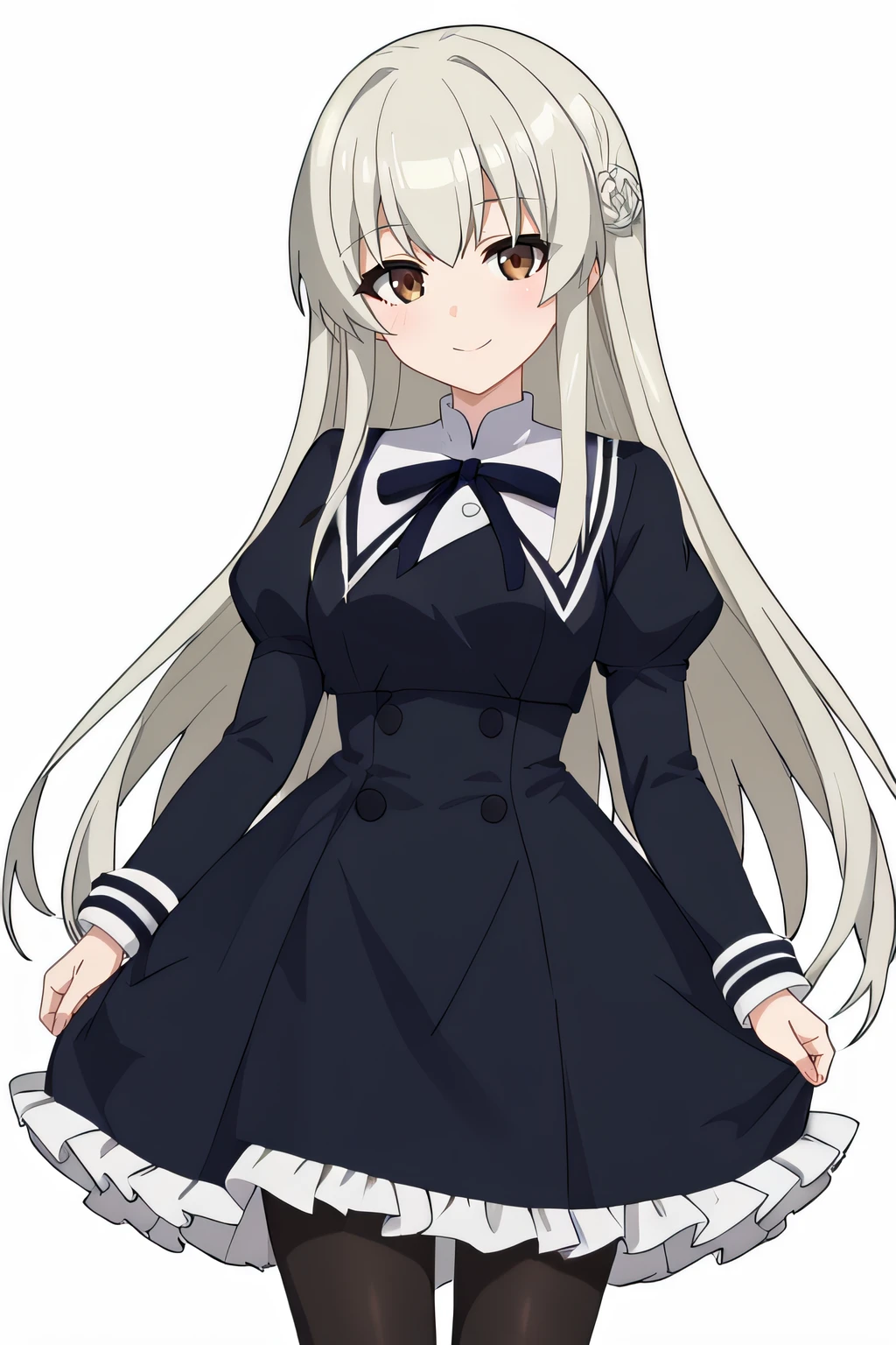score_9, score_8_up, score_7_up, source_anime, rating_safe, intricate details, anime screencap, official style, 1girl, solo, <lora:Egawa_Kusumi:1>, kusumi, grey hair, brown eyes, sidelocks, long hair, hair flower, school uniform, black ribbon, juliet sleeves, black sleeves, puffy sleeves, black skirt, frilled skirt, black pantyhose, looking at viewer, smile, simple background, cowboy shot