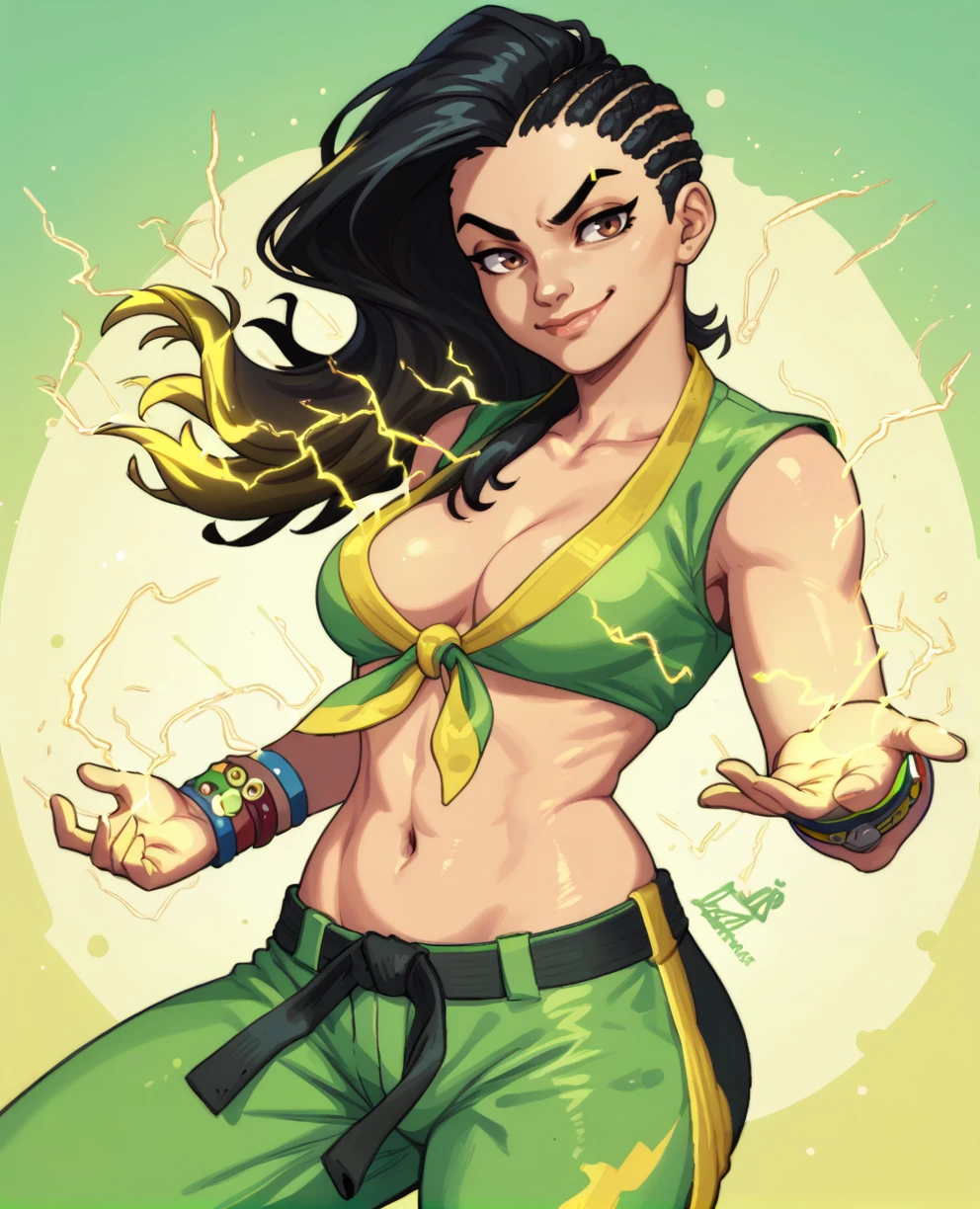 score_9,score_8_up,
matsudaxl,black hair,brown eyes,asymmetrical hair,smug,
front-tie top,bracelet,pants,navel,belt,green and yellow attire,
yellow electricity,
solo,
<lora:lauramatsudaxl:0.8>,