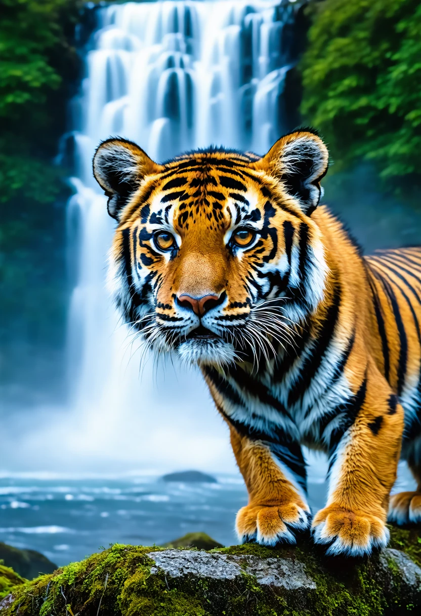 a epic landscape portrait shot of a tiger cub and a waterfall