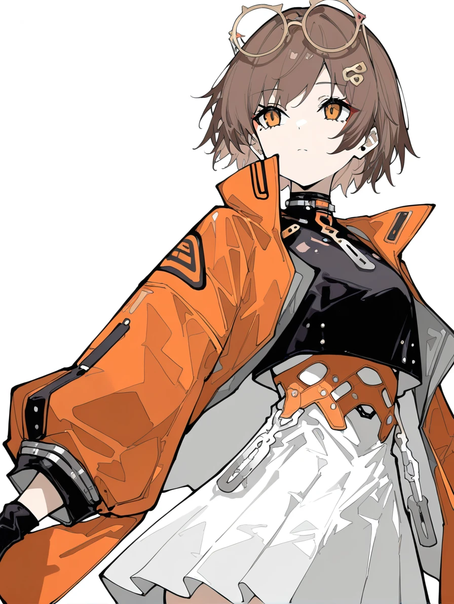 1girl,solo,(simple background:1.2),(white background:1.1),qianqiu,,looking_at_viewer,eyewear on head,from_side,short hair,orange coat,white dress, <lora:qianqiu-000008:0.8>, masterpiece, best quality, very aesthetic, absurdres