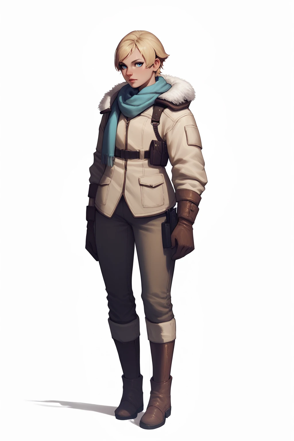 <lora:RE_SherryBirkin-PONY:0.8> 1girl, solo, short hair, blonde hair, blue eyes, full body, white background, sherrydef, scarf, shoulder holster, pants, winter clothes, fur-trimmed jacket, gloves, knee boots, score_8_up, score_7_up, score_6_up, score_5_up, score_4_up,