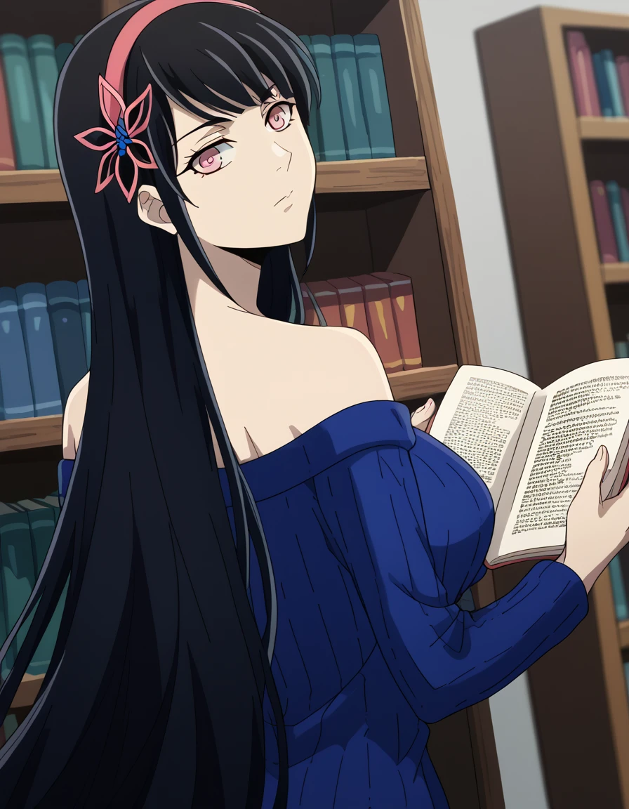 score_9, score_8_up, score_7_up, source_anime, <lora:yihwa-yeon-s2-ponyxl-lora-nochekaiser:1>, yihwa yeon, long hair, bangs, black hair, hair ornament, pink eyes, very long hair, hairband, large breasts,, long sleeves, bare shoulders, collarbone, off shoulder, sweater, butterfly hair ornament, off-shoulder sweater, library, books, shelves, reading, quiet, , <lora:shaft-look-ponyxl-lora-nochekaiser:1>, shaft look, looking back, from behind, head tilt,, looking at viewer, solo,, dutch angle, cowboy shot