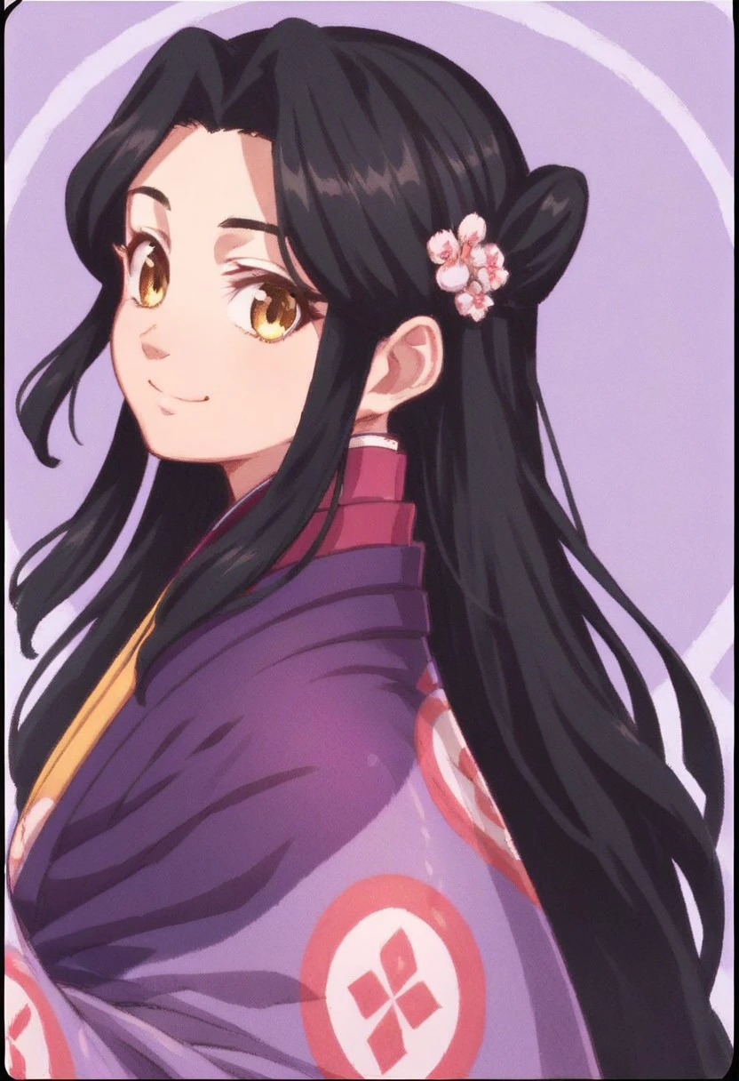 score_9, score_8_up, score_7_up, 
m1h43,Mihae,
1girl, solo, long hair, looking at viewer, smile, black hair, brown eyes, closed mouth, yellow eyes, upper body, sidelocks, japanese clothes, kimono, from side, border, black border