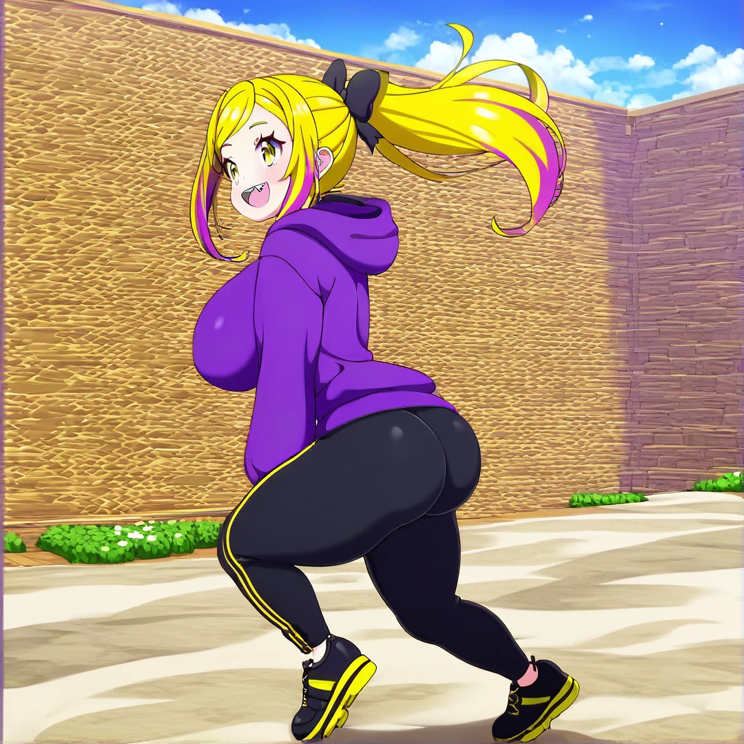 1girl, tall, adult, 6 ft, wears a purple hoodie, black jogging pants, black shoes, multi-colored hair, half yellow hair, half white hair, yellow eyes, cute face, black waistcoat with sleeves, beautiful scenery, solo, fang shaped teeth, big bountiful breasts, plump bubble butt