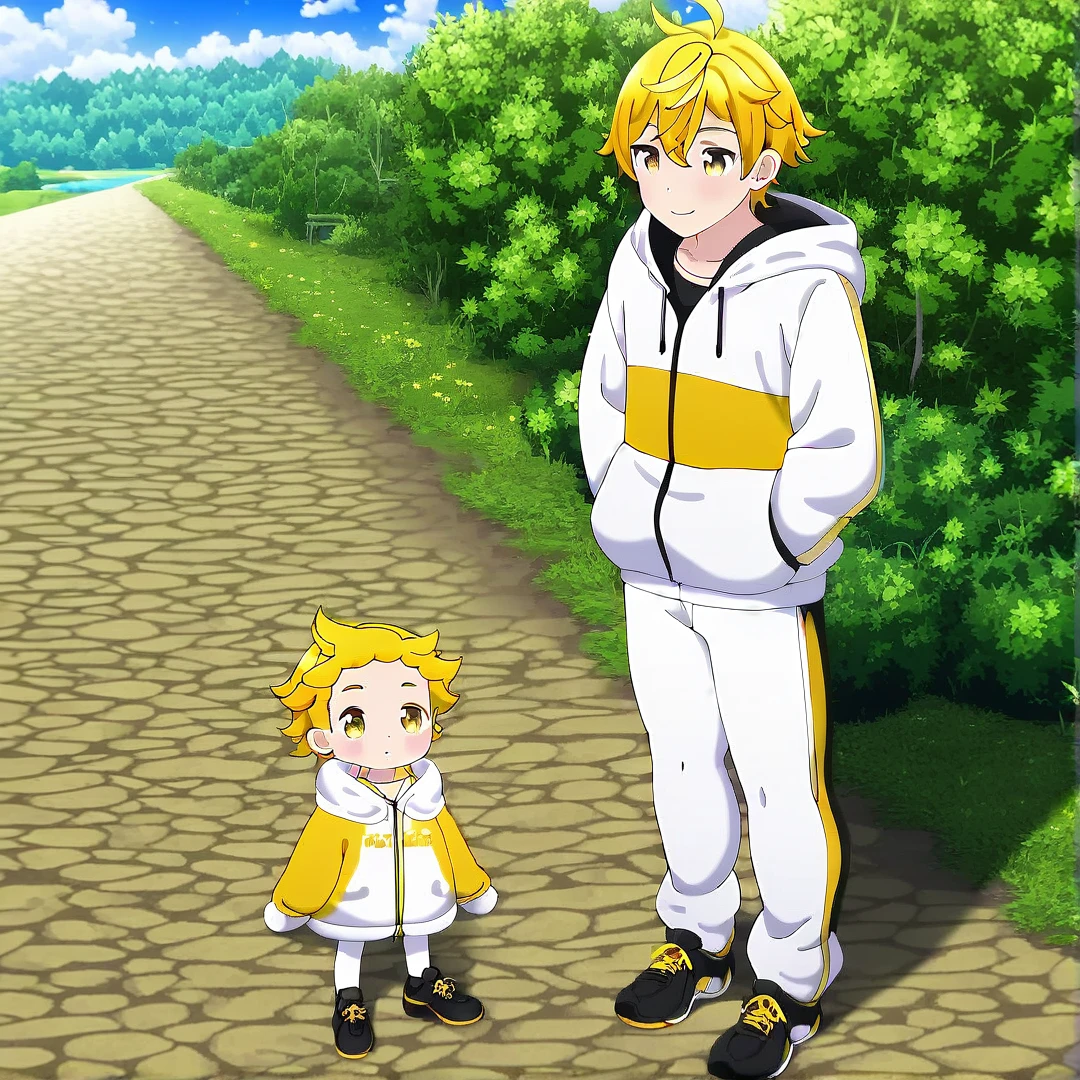 1boy, wears a white hoodie, white jogging pants, black shoes, multicolored hair, yellow hair, white hair, yellow eyes, cute face, yellow waistcoat with sleeves, beautiful scenery