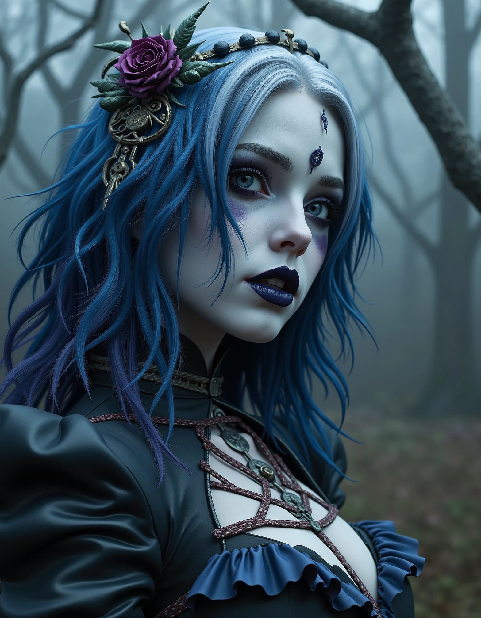 zavy-lch, Close-up portrait shot, young woman lich with pale white skin and medium length duotone hair in shades of midnight blue and silver, surrounded by a dark and eerie forest with twisted trees and mist, hauntingly surreal style with a focus on ethereal beauty, muted colors with pops of dark blue and deep purple.