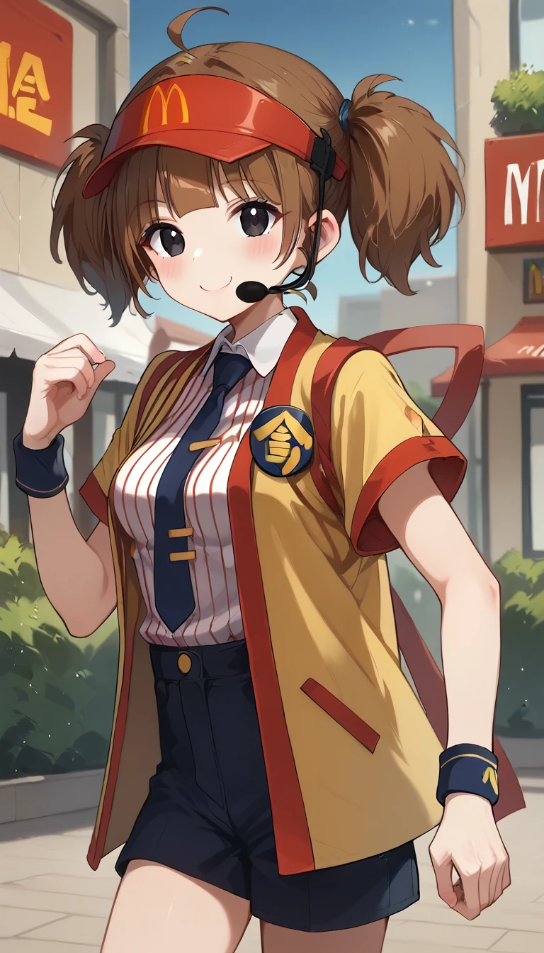 score_9,score_8_up,score_7_up,score_6_up BREAK official art,solo,outdoors,upper body,(portrait:1.5),looking at viewer,facing viewer,smile,blush,Double Cheese,ahoge,headset,visor cap,red headwear,long hair,brown hair,short twintails,blunt bangs,black eyes,employee uniform,yellow jacket,open jacket,black necktie,collared shirt,white shirt,vertical-striped shirt,badge,short sleeves,wristband,medium breasts,shirt tucked in,black shorts,short shorts,thighs,white socks,sneakers,<lora:Double Cheese(mcdonald's)-Pony:1.6>,