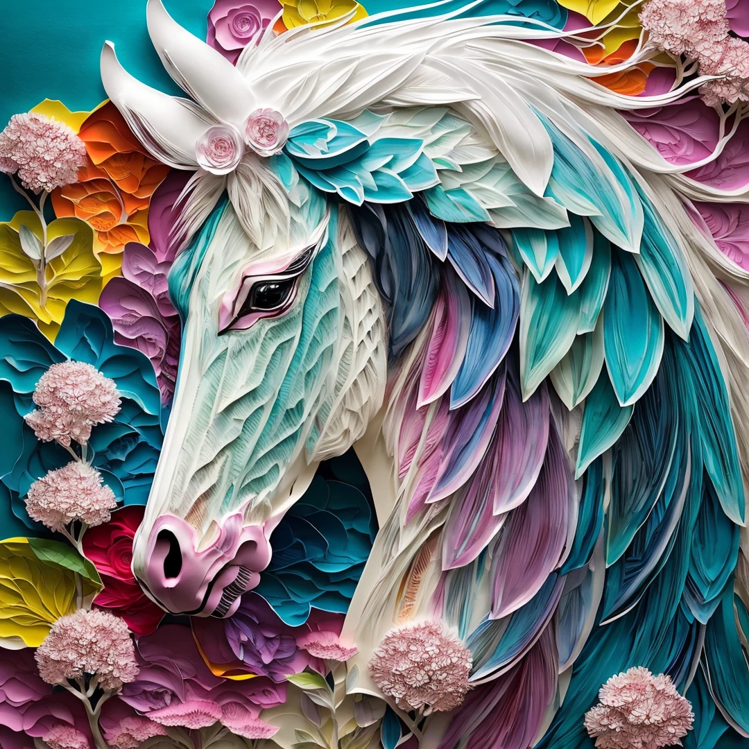 horse,nature,flower,sakura,scenery,fantasy,abstract,colorful,(portrait),Highly detailed,(ultra-detailed),(best quality,masterpiece:1.5),<lora:paper art:0.9>,paper art,