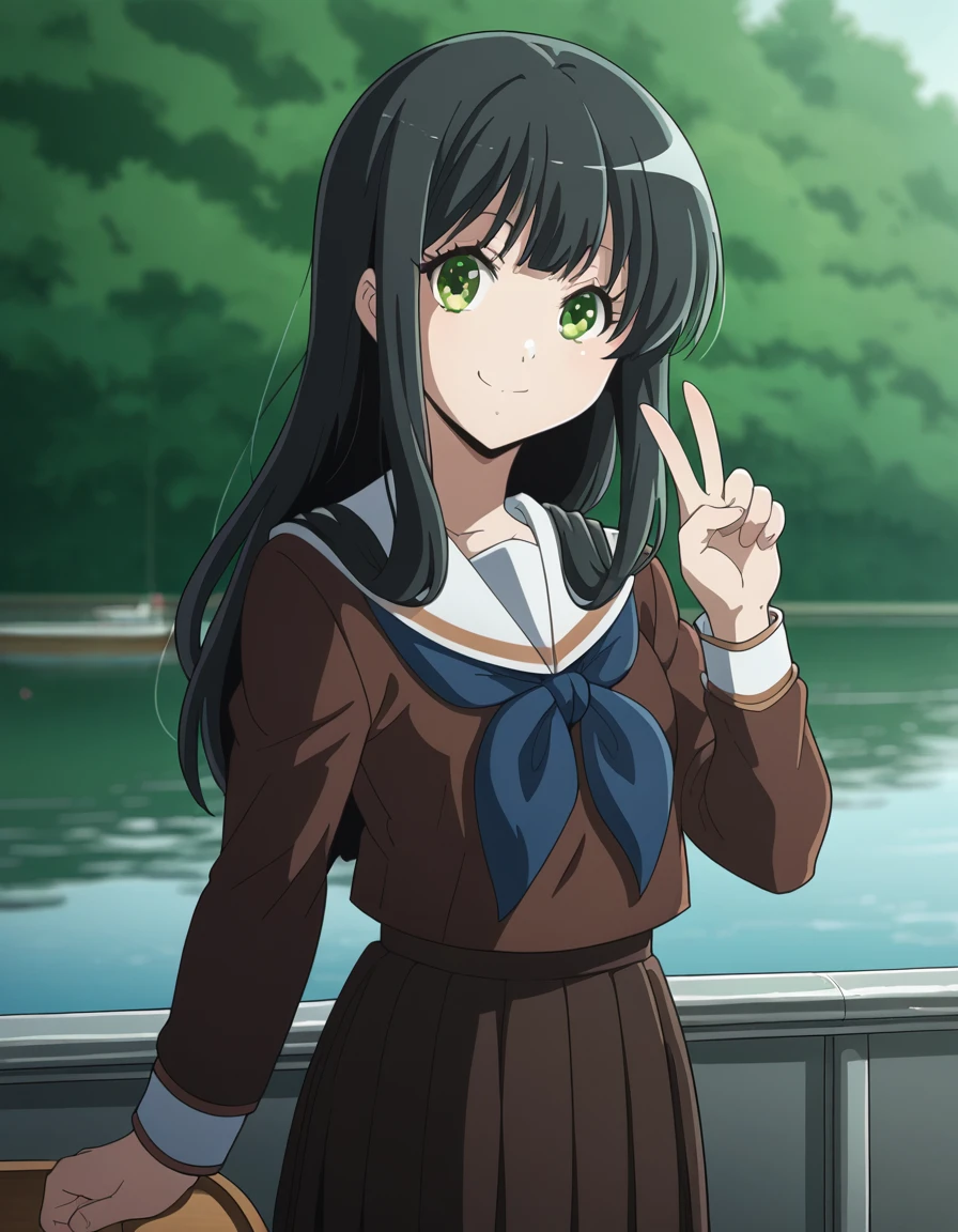 score_9, score_8_up, score_7_up, source_anime, <lora:sari-yoshii-s3-ponyxl-lora-nochekaiser:1>, sari yoshii, long hair, bangs, black hair, green eyes,, school uniform, serafuku, neckerchief, kitauji high school uniform, brown shirt, white sailor collar, blue neckerchief, brown skirt, pleated skirt,, dock, water, boats, wood, mooring, smile, v, v over mouth, smug,, looking at viewer, solo,, dutch angle, cowboy shot