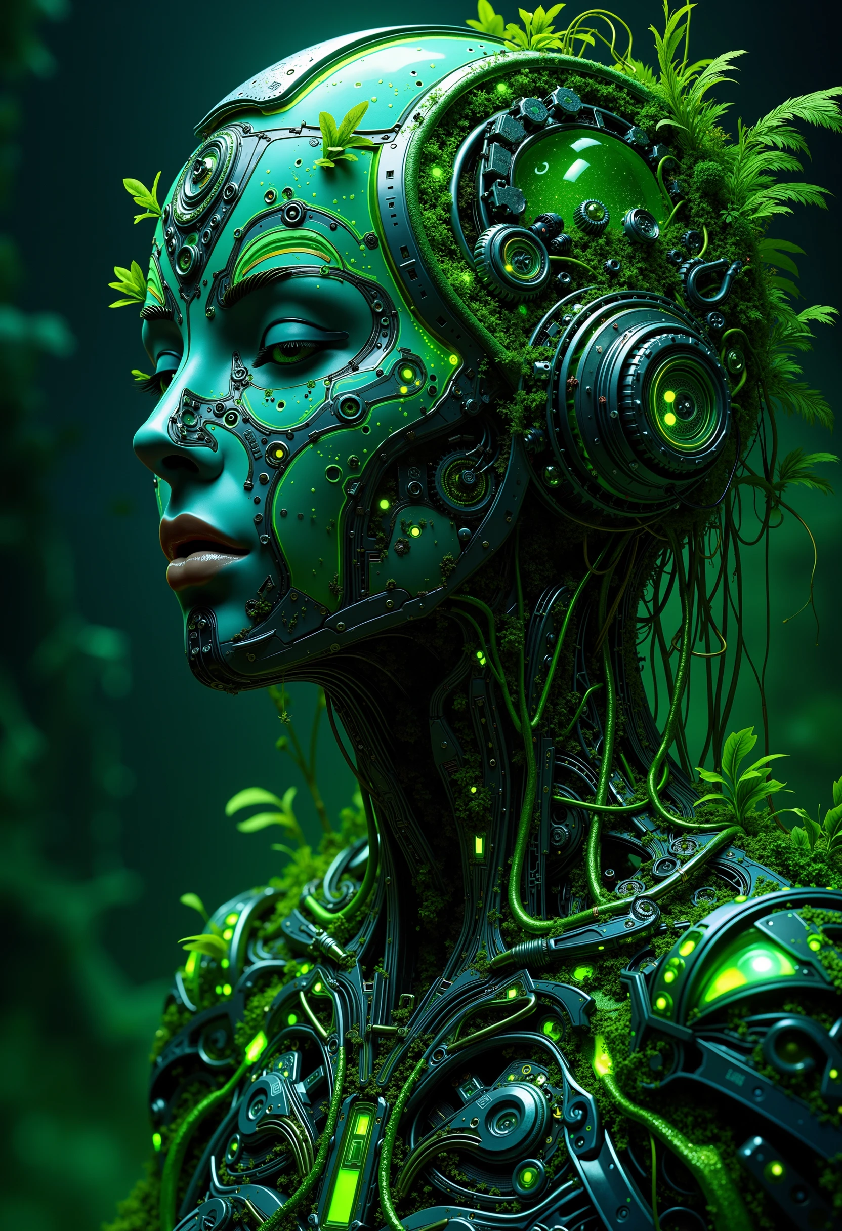 bo-naturepunk, naturecyberpunk, greenpunk, A futuristic, hyperrealistic portrait of a humanoid figure composed of intricate mechanical components and organic elements. The setting features a vibrant, neon green color palette, accented with glowing circuitry and bio-luminescent flora intertwined with metallic surfaces. The background is a dark, abstract digital landscape that enhances the luminous details of the figure. Emphasize the fusion of technology and nature, showcasing gears, wires, and green tendrils seamlessly integrated into the design. The overall aesthetic is a blend of sci-fi and biophilia, conveying a sense of advanced technology harmonizing with organic life.<lora:FLUX Naturepunk\bo-naturepunk-000012.safetensors:1.0:1.0>