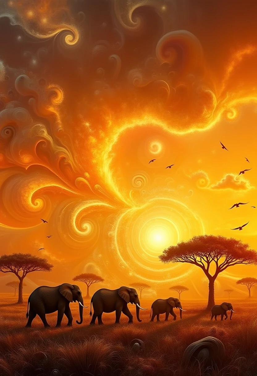 A golden savanna at sunset, where a herd of elephants is silhouetted against a sky ablaze with oranges, pinks, and purples. Majestic acacia trees punctuate the horizon, and a flock of birds takes flight, their wings catching the fading light. The sky's warm gradients contrast with the dark silhouettes of animals and trees, evoking the primal beauty and grandeur of the natural world. Captured in a high-definition, panoramic style that highlights the vastness and majesty of the landscape., <lora:chaos-weave_v60_rank32_bf16-step01200:1>, difrctlchs