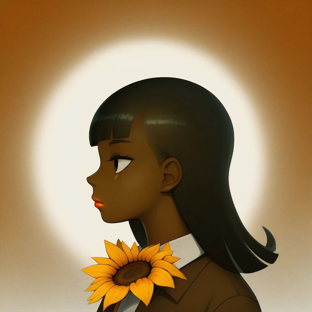 lipstick, collared shirt, blunt bangs, profile, very dark skin, hood up, gradient, sunflower, orange bow, expressionless