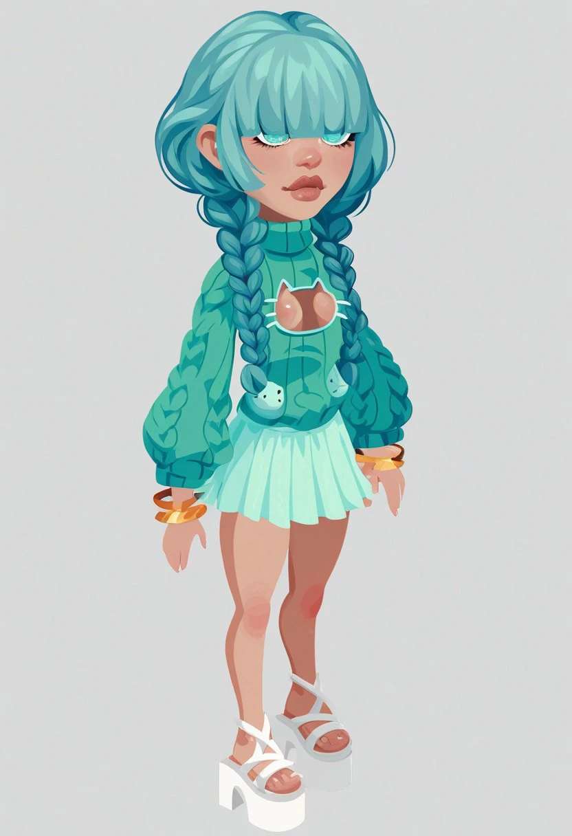 score_9, score_8_up, score_7_up,
1girl, solo, beautiful, sexy, vivid Teal eyes, odd eyes, light Teal hair, medium hair, twin braids, hair over eyes, covered eyes, blunt bangs, sidelocks, lips, skindentation, Conference Room, sweater, cat cutout, maxi skirt, charm bracelet, sandals, portrait,
