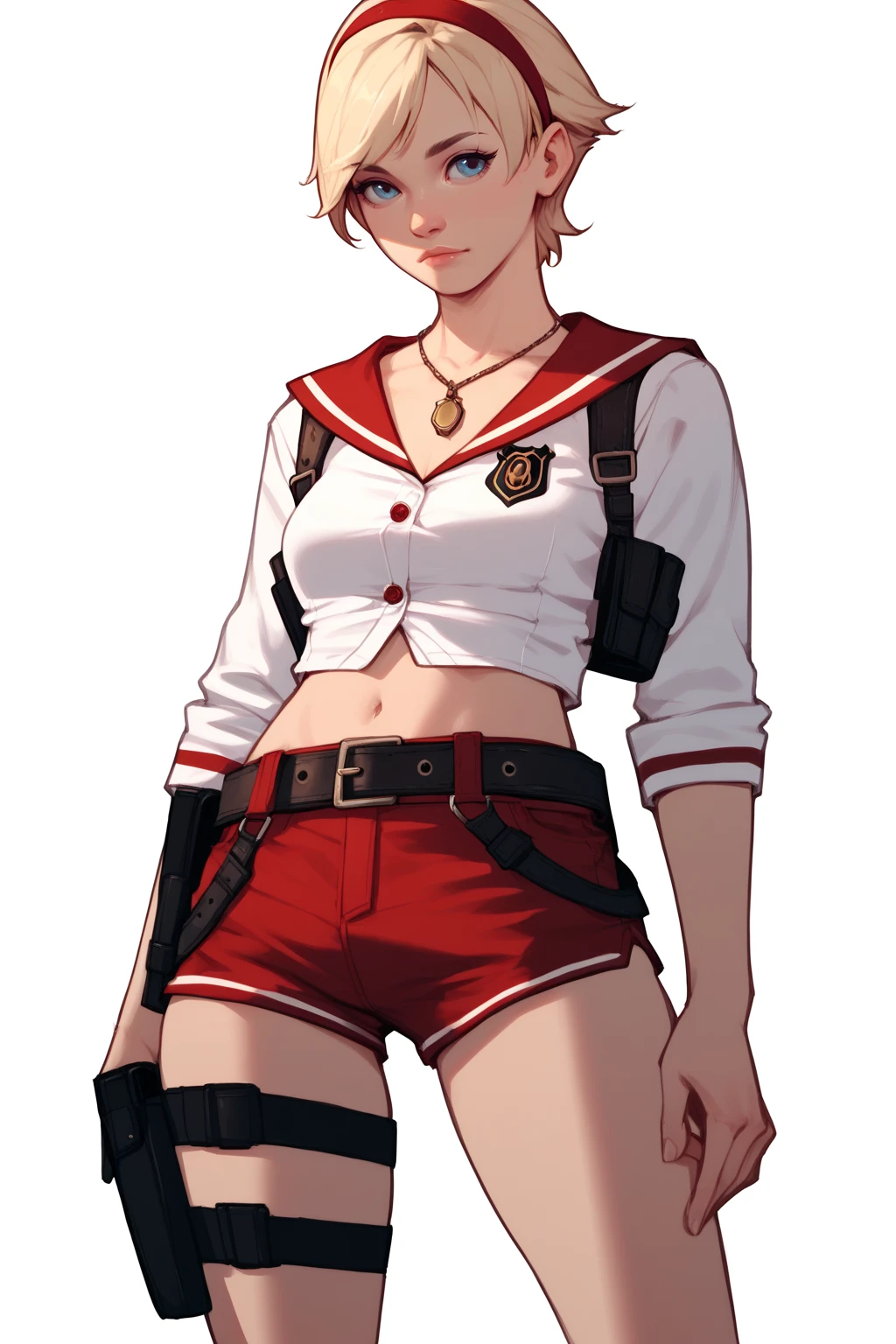 <lora:RE_SherryBirkin-PONY:0.8> 1girl, solo, short hair, blonde hair, blue eyes, cowboy shot, white background, sherryfuku, school uniform, midriff, red sailor collar, red shorts, belt, thigh holster, necklace, hairband, score_8_up, score_7_up, score_6_up, score_5_up, score_4_up,