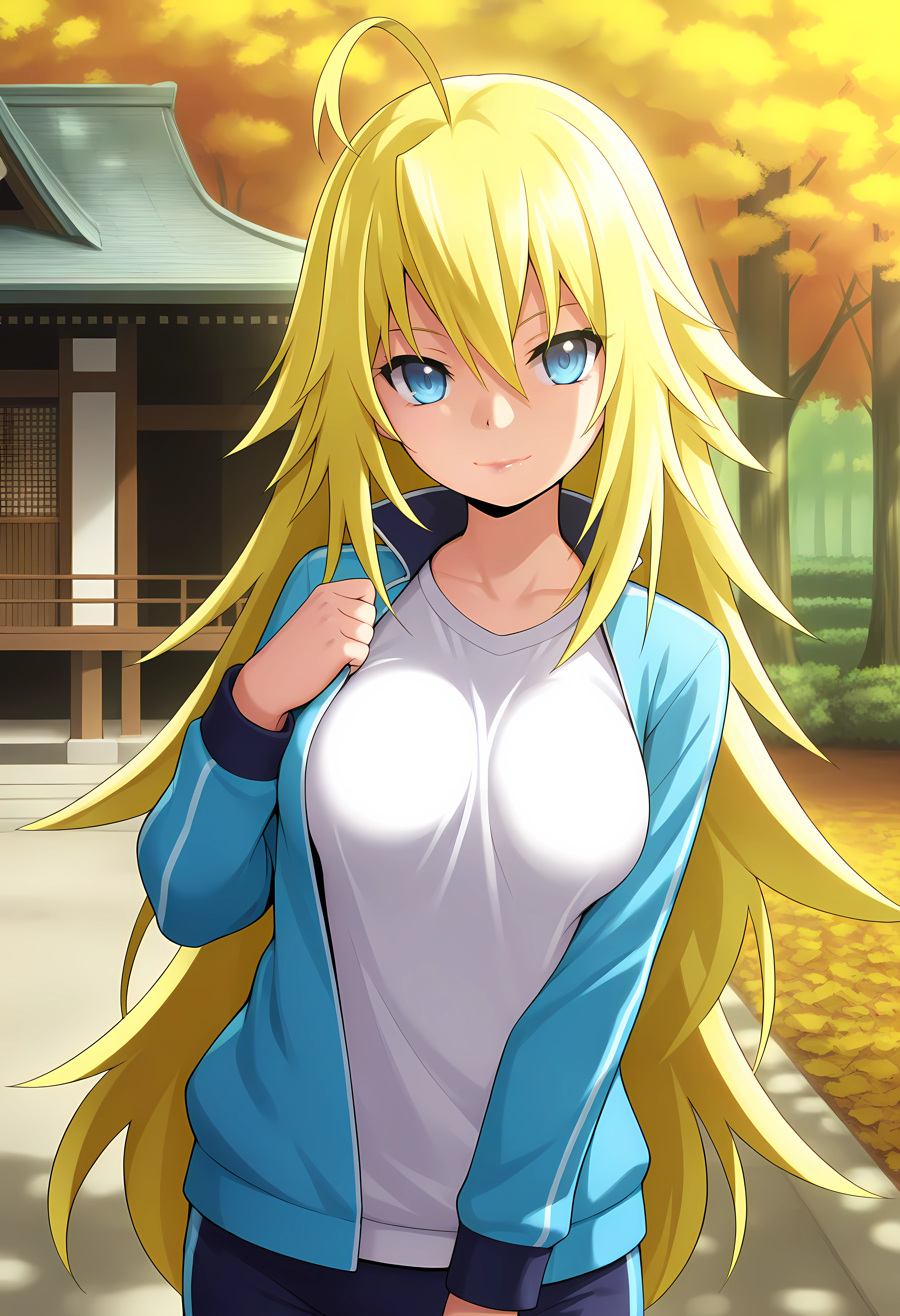 looking at viewer, closed mouth, shiny skin, light smile, petite,ohwx, blonde_hair, long_hair, 1girl, breasts, ahoge, blue_eyes, large_breasts, hair_between_eyes, very_long_hair,jacket, shirt, white_shirt, open_jacket, open_clothes, blue_jacket, track_jacket, View of a Japanese temple among pine trees, autumn foliage, soft sunlight, peaceful and ancient ambiance,<lora:mio_kusakai_illustrious_sobsynapse-000003:1>