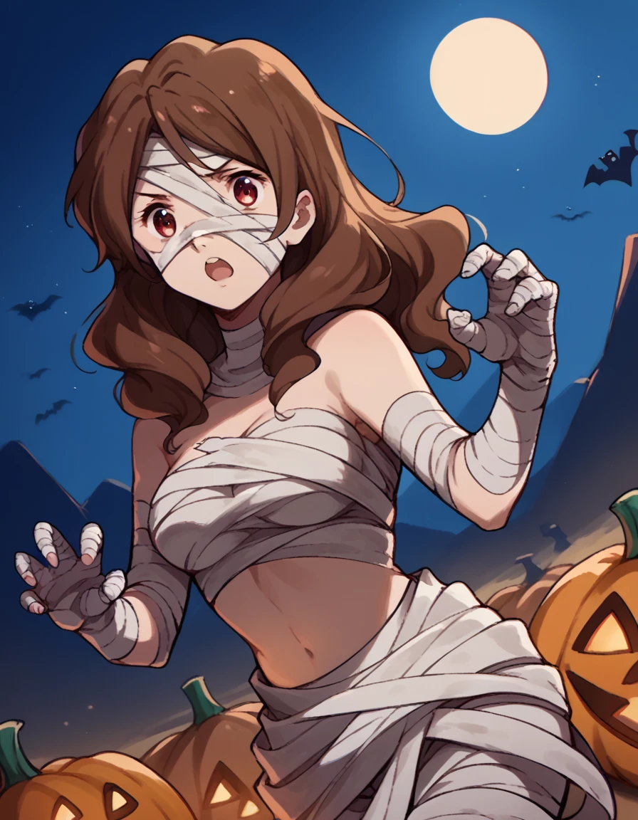 score_9, score_8_up, score_7_up, source_anime, <lora:mamiko-oumae-s2-ponyxl-lora-nochekaiser:1>, mamiko oumae, long hair, brown hair, red eyes, medium breasts,, <lora:mummy-costume-ponyxl-lora-nochekaiser:1>, mummy costume, bandages, halloween costume, bandaged arm, zombie pose, bandage on face,, desert, moon, night, open mouth, , dutch angle, cowboy shot