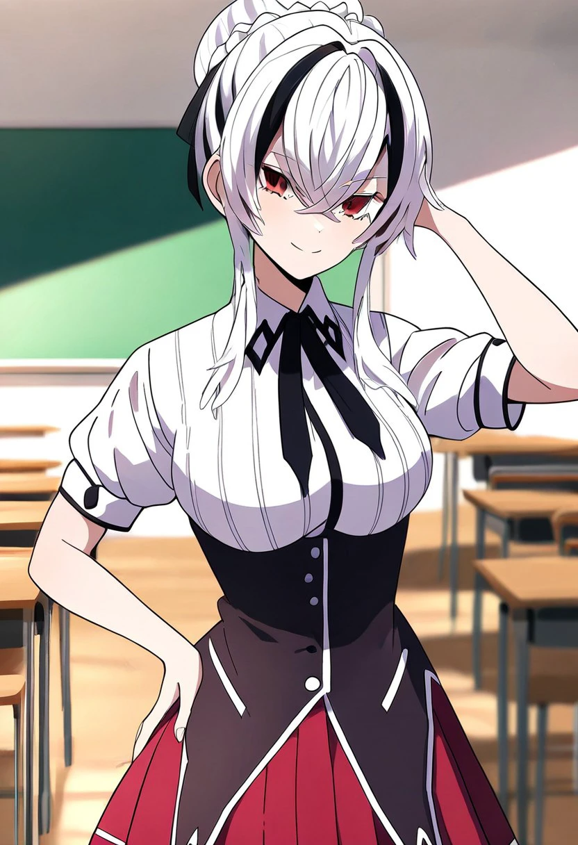 score_9, score_8_up, score_7_up, 
l1nts3llz3n ,Lint Sellzen ,
1girl, solo, long hair, breasts, looking at viewer, smile, bangs, skirt, large breasts, shirt, black hair, red eyes, ribbon, hair between eyes, closed mouth, school uniform, standing, hair ribbon, white shirt, braid, white hair, short sleeves, sidelocks, multicolored hair, cowboy shot, pleated skirt, collared shirt, indoors, hand up, hair bun, blurry, arm up, two-tone hair, streaked hair, hand on hip, black ribbon, neck ribbon, blurry background, red skirt, hair intakes, single hair bun, desk, crossed bangs, classroom, school desk, chalkboard