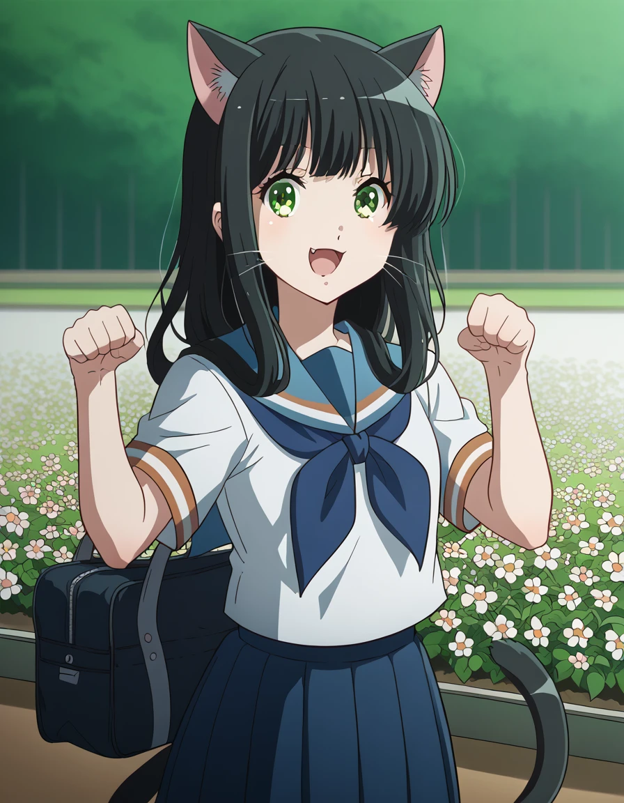 score_9, score_8_up, score_7_up, source_anime, <lora:sari-yoshii-s3-ponyxl-lora-nochekaiser:1>, sari yoshii, long hair, bangs, black hair, green eyes,, skirt, shirt, school uniform, white shirt, short sleeves, pleated skirt, serafuku, sailor collar, blue skirt, neckerchief, blue sailor collar, school bag, blue neckerchief, kitauji high school uniform,, flower field, colorful, petals, scent, bloom, , <lora:paw-pose-ponyxl-lora-nochekaiser:1>, paw pose, cat ears, cat tail, animal ears, tail, cat girl, open mouth, fang, whiskers,, looking at viewer, solo,, dutch angle, cowboy shot