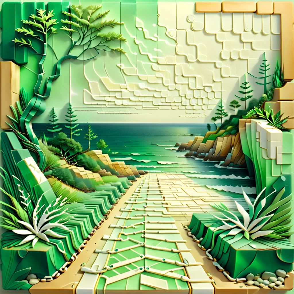 geometric nature print, coastline, rectangles, mixed media, satin, dadaism style, Distant Horizon, tan, white, and green, chain link pattern, depth map effect, airbrush accents, op art, pitted texture, embossed finish <lora:artfully_DEPTHMAP:0.8>,  depth map, in the style of carved relief, embossing, encaustic, papercraft,