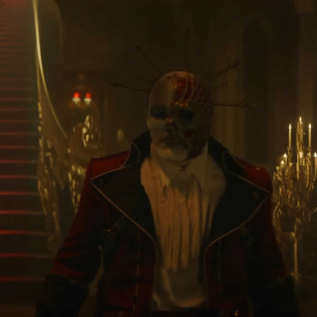 redjackdp, Red Jack walking slowly down a dark, opulent corridor in a Victorian mansion. He wears a red military coat with intricate gold embroidery, a white ruffled shirt, and a skeletal half-mask with an ornate gold spiked crown. His intense gaze is fixed forward, and the shadows cast an eerie glow over his pale, skeletal features. His coat flows as he moves, his white-gloved hands swinging slightly with each step. The dim lighting and gothic atmosphere create a sense of mystery and foreboding as he strides down the hallway.