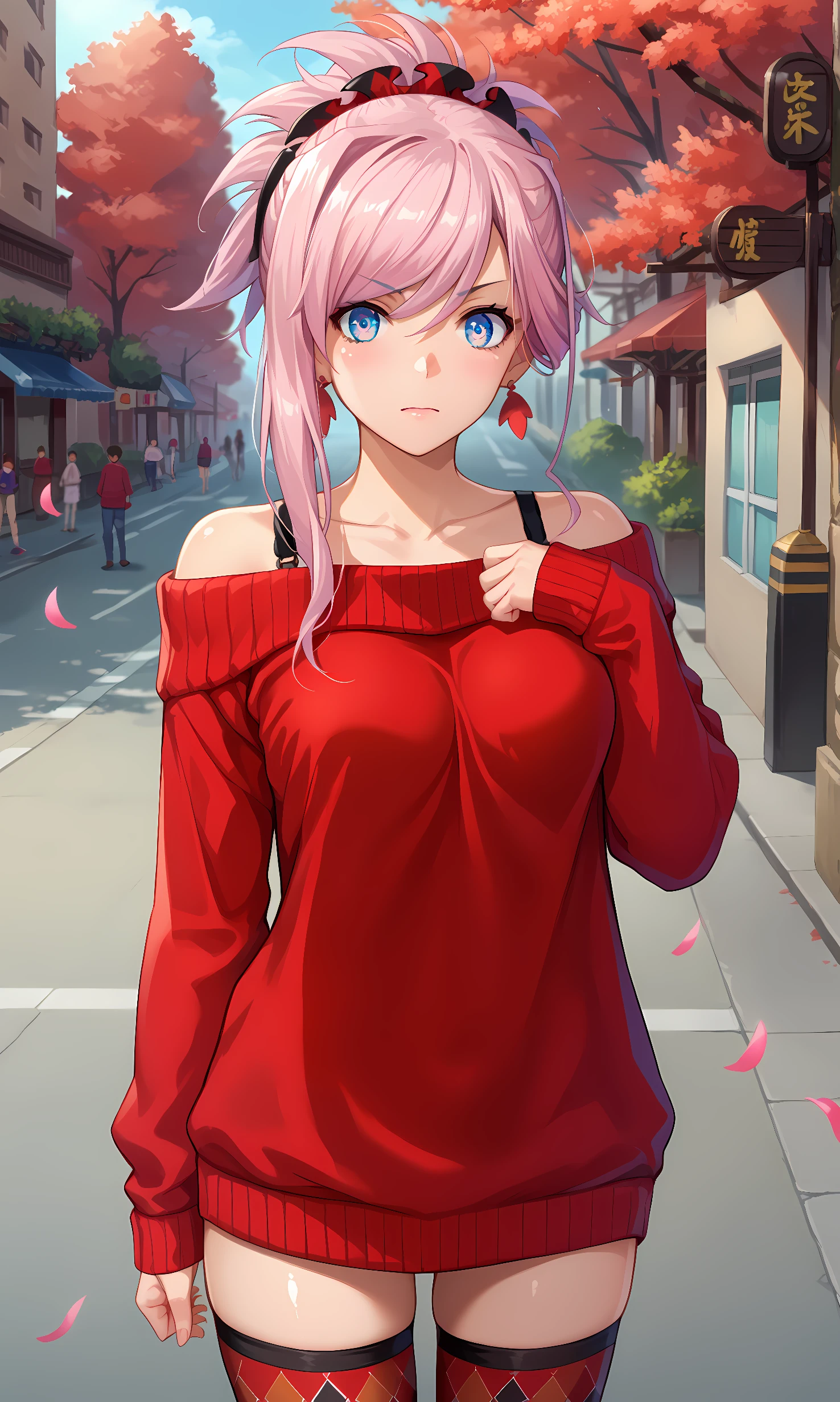 score_9, score_8_up, score_7_up, source_anime, 1girl, solo, outdoors, street, cherry blossoms, cowboy shot, standing, looking at viewer, shiny skin, miyamoto_musashi, blue eyes, medium hair, pink hair, ponytail, hair ornament, argyle clothes, argyle thighhighs, asymmetrical hair, collarbone, dress, earrings, hair between eyes, hair ornament, hair scrunchie, off-shoulder sweater, off shoulder, red scrunchie, red sweater, red thighhighs, scrunchie, sweater, sweater dress, swept bangs, thighhighs, zettai ryouiki, black bra strap, long sleeves, jewelry 