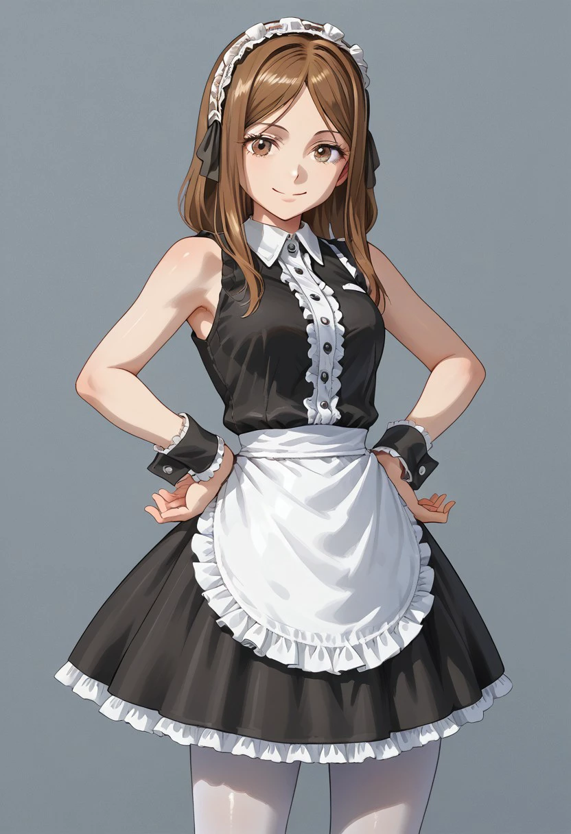 score_9, score_8_up, score_7_up, 
m4r10n ,Marion ,1girl, solo, long hair, looking at viewer, smile, brown hair, dress, brown eyes, pantyhose, hairband, frills, sleeveless, apron, wrist cuffs, maid, maid headdress, white pantyhose, hands on hips