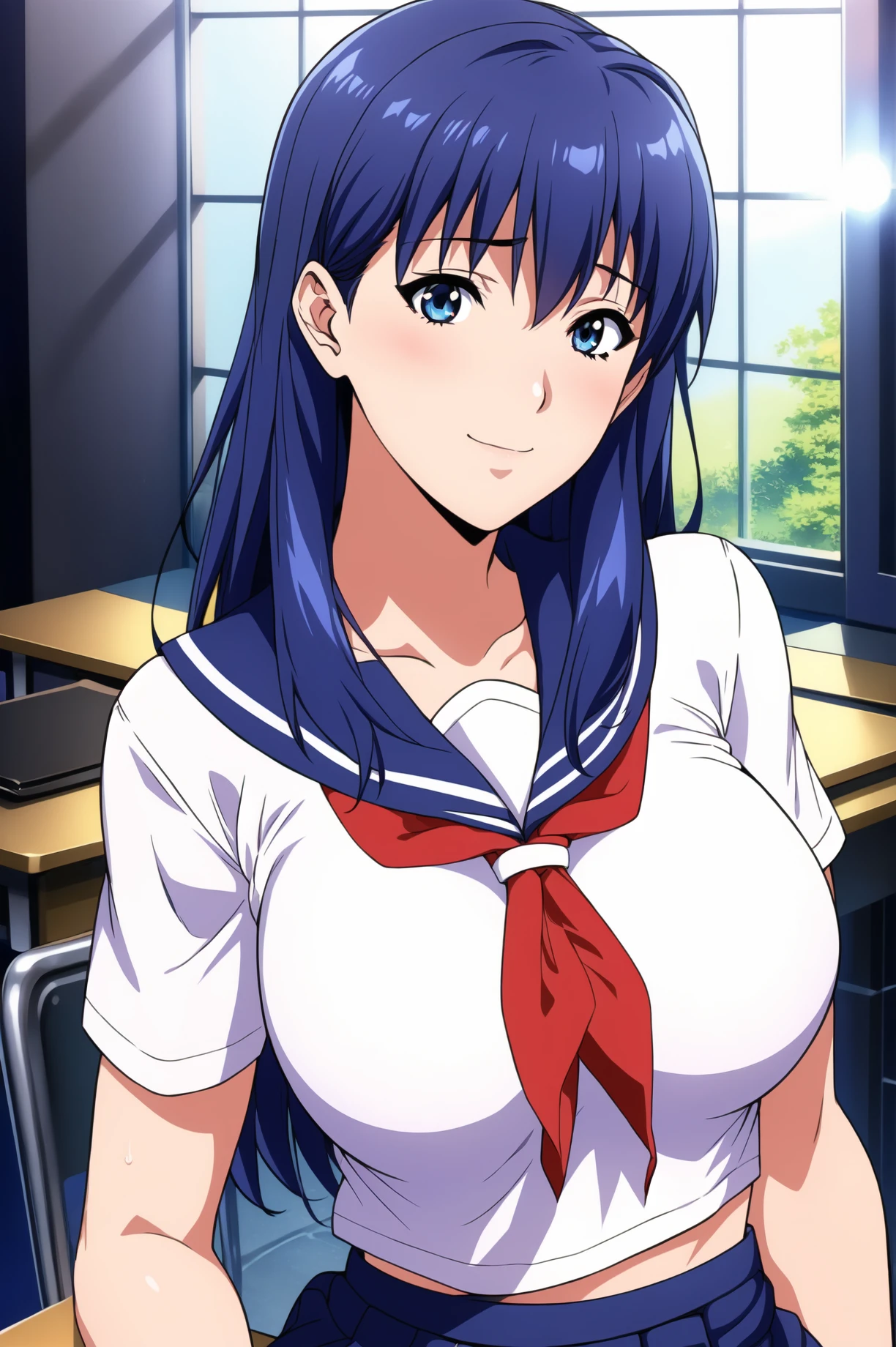 school, desk, chair,
dynamic pose,standing at attention,
serafuku, school uniform, short sleeves, blue sailor collar, white shirt, midriff, 
red neckerchief, skirt,
<lora:Makoto_Kano_WifeStealingZero-KK77-V1:0.7>, Makoto_Kano_WifeStealingZero,
blue eyes, blue hair,bangs,Long hair,
<lora:more_details:0.1>,<lora:NovelAI_YesMix5_KKStyle-KK77-Yes5-V1:0.3>,<lora:Oda_Non_Style2-KK77-Yes5-V1:0.3>,
1 girl, 20yo,Young female,Beautiful long legs,Beautiful body,
Beautiful Nose,Beautiful character design, perfect eyes, perfect face,expressive eyes,perfect balance,
looking at viewer,(Focus on her face),closed mouth, (innocent_big_eyes:1.0),(Light_Smile:0.3),
official art,extremely detailed CG unity 8k wallpaper, perfect lighting,Colorful, Bright_Front_face_Lighting,White skin,
(masterpiece:1.0),(best_quality:1.0), ultra high res,4K,ultra-detailed,
photography, 8K, HDR, highres, absurdres:1.2, Kodak portra 400, film grain, blurry background, bokeh:1.2, lens flare, (vibrant_color:1.2),professional photograph,
(Beautiful,large_Breasts:1.4), (beautiful_face:1.5),(narrow_waist),