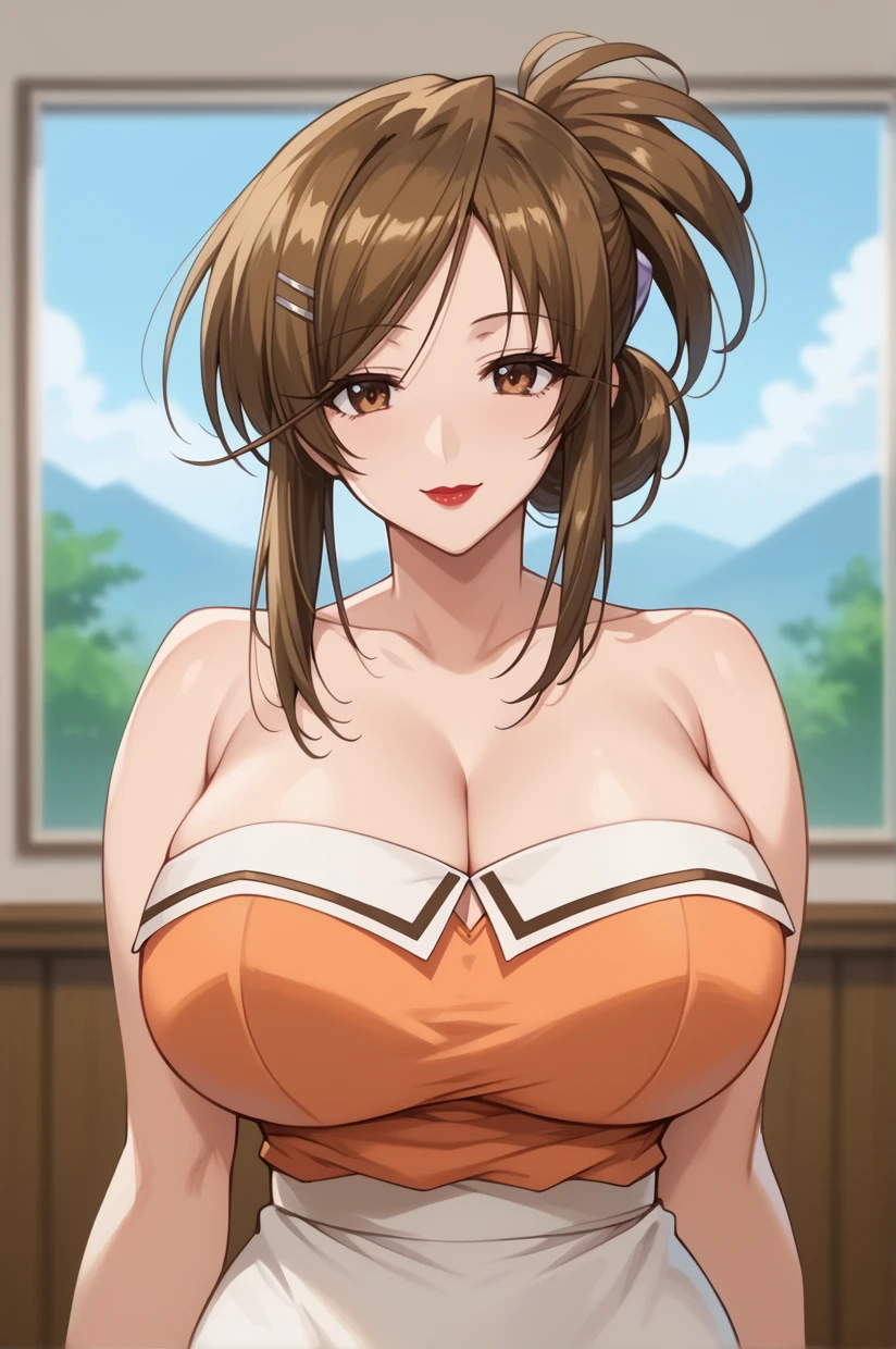 <lora:SABikini-09:1> SaraAkizuki, SADress, long hair, hair up, brown hair, hairclip, huge breasts, brown eyes, lipstick, bare shoulders, orange shirt, shirt, cleavage, pencil skirt, strapless dress, white skirt, collarbone, smile, looking at viewer, solo, facing viewer, 16k, masterpiece, absurdes, highly detailed, highres, high quality, best quality, score_9, score_8_up, score_7_up, score_6_up, looking at viewer, portrait, upper body, close-up, bust, solo focus, depth of field, cowboy shot
