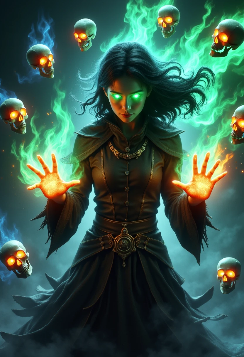 skelewitch, a asian girl, fighting pose, casting spell, with hands on fire, glowing eyes, skulls and skeletons made of green and blue flame flying surround the person, aura, energy flow, wind,