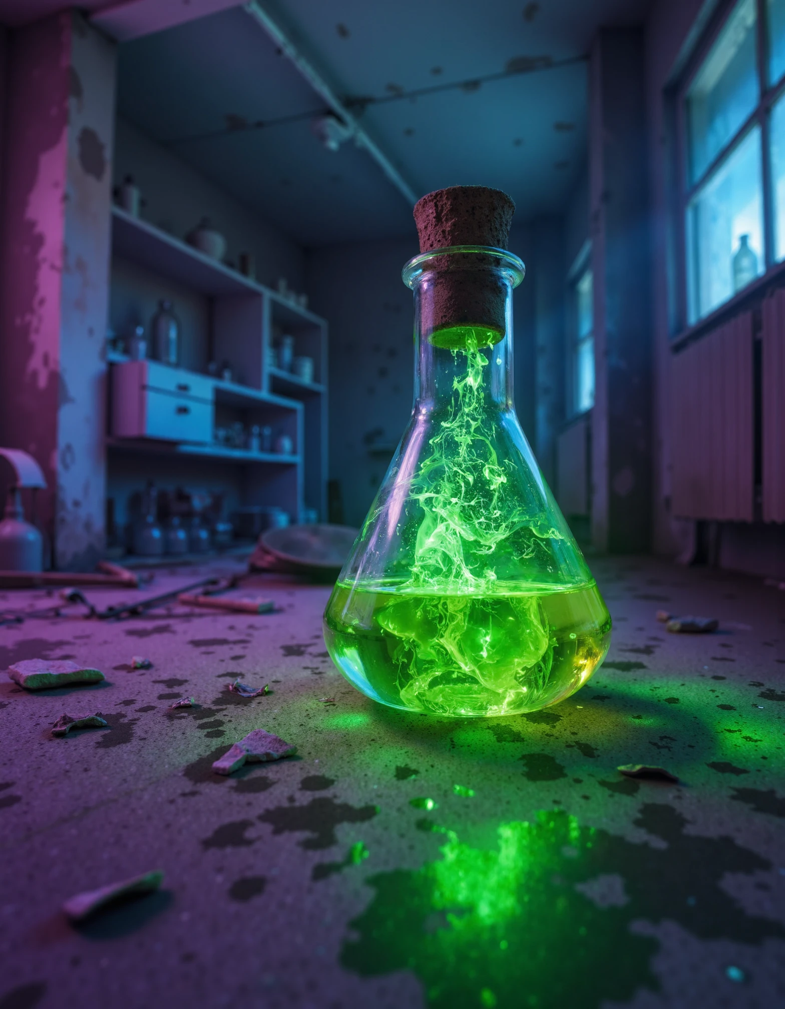 zavy-psnglw, Close-up shot from a low angle, a translucent vial filled with a greenish toxic liquid emitting a faint eerie glow, an abandoned laboratory filled with dusty shelves and broken glassware, high contrast photography with a surreal touch, a neon color palette with vivid greens and deep purples.