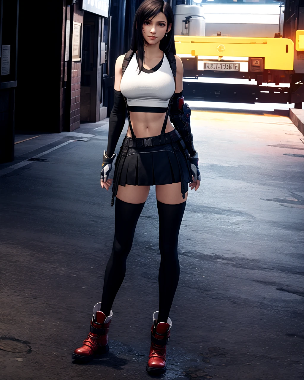 ((masterpiece, best quality;1.3)), ultra detailed, detailed background, tifa lockhart, final fantasy vii remake, ankle boots, red footwear, black skirt, suspender skirt, black thighhighs, white tank top, crop top, elbow gloves, single elbow pad, head rest, fingerless gloves, gloves, black hair, very long hair, big breasts, detailed eyes, ultra detailed eyes, suspenders, standing with back, full length, sports bra, outside, industrial zone background, narrow street, night, puddles on asphalt, reflection, small moon in sky, starry, after rain, fit body, <lora:Tifa-Lockhart-Final-Fantasy-VII-Remake-Intergrade-SD15:0.8>