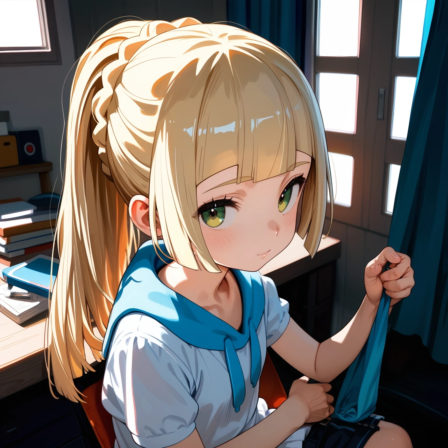 score_9, score_8_up, score_7_up, best_quality,   rating_safe,   highly_detailed, source_anime, best_quality, incredibly_absurdres,   indoors,     narrowed_eyes, looking_at_viewer,    lillie_(pokemon) is blonde ponytail small_breasts,    cinematic, from_directly_above