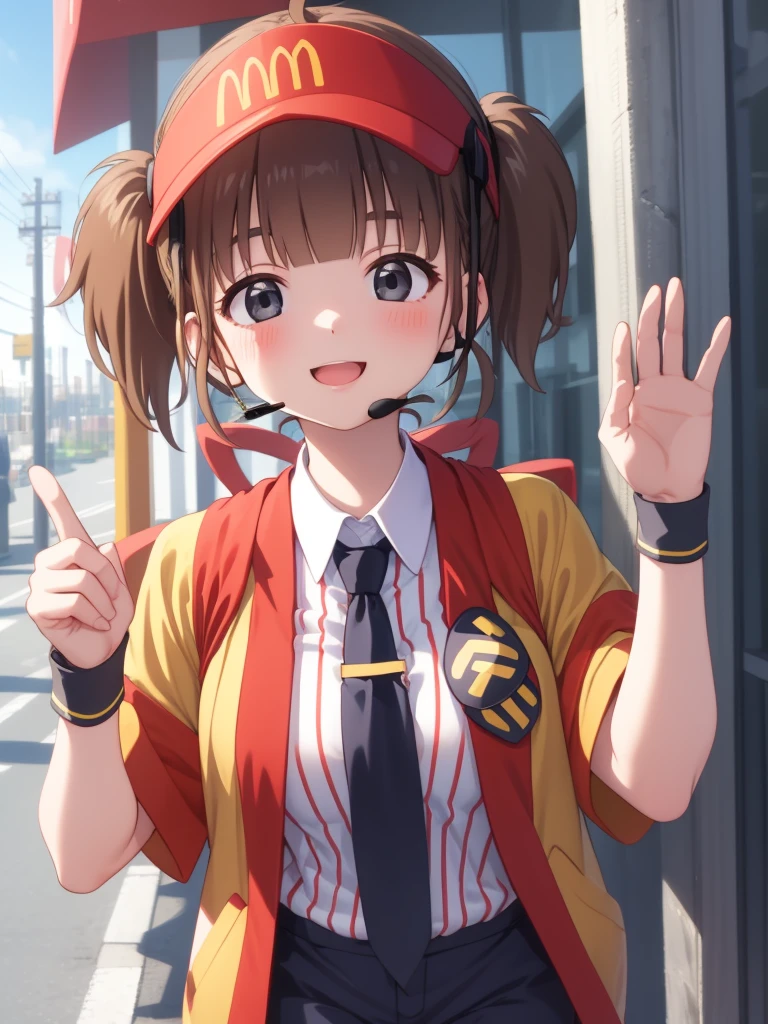 ((masterpiece)),(best quality),official art,extremely delicate and beautiful,extremely detailed CG,unity 8k wallpaper,ultra detailed,beautiful detailed eyes,extremely detailed face,outdoors,1girl,solo,upper body,(portrait:1.5),looking at viewer,facing viewer,smile,blush,Double Cheese,ahoge,headset,microphone,visor cap,red headwear,long hair,brown hair,short twintails,blunt bangs,black eyes,employee uniform,yellow jacket,open jacket,black necktie,collared shirt,white shirt,vertical-striped shirt,badge,short sleeves,wristband,medium breasts,shirt tucked in,black shorts,short shorts,thighs,white socks,sneakers,<lora:Double Cheese(mcdonald's):1.6>,