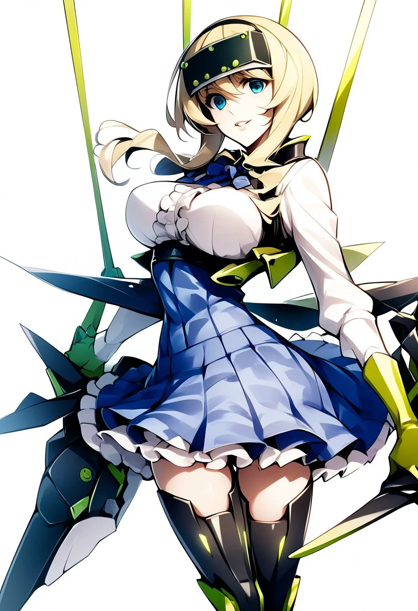 score_9, score_8_up, score_7_up, 
lyudmila_n_ignatova, リューシャ, gunslingerstratos, 1girl, solo, blonde hair, skirt, gloves, breasts, green gloves, white background, shirt, blue skirt, thighhighs, long hair, looking at viewer, white shirt, simple background, smile, weapon, large breasts, frills, long sleeves, head-mounted display, high-waist skirt, underbust, bangs, holding, parted lips, black thighhighs, plaid, mecha musume, thigh boots