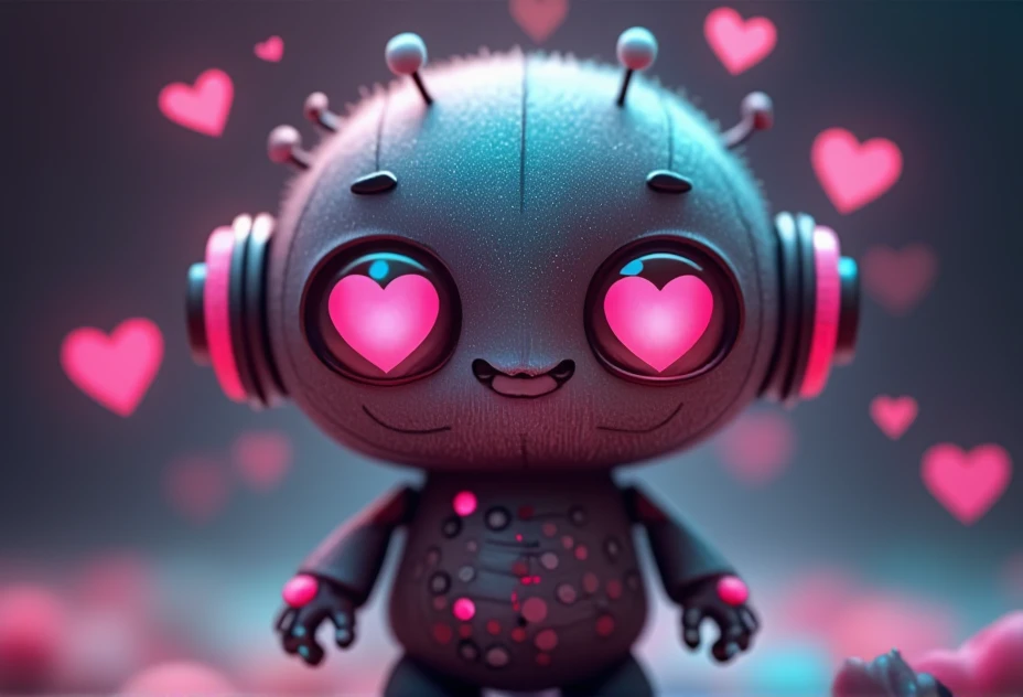 a tiny, joyful robot with heart-shaped eyes, bv-cutenh, in a fantastical style, ultra-detailed, with soft lighting and vibrant colors, emphasizing cuteness and charm with soft, rounded features and big, expressive eyes.<lora:bv-cuteness-enhancer-v1.safetensors:1.0:1.0>