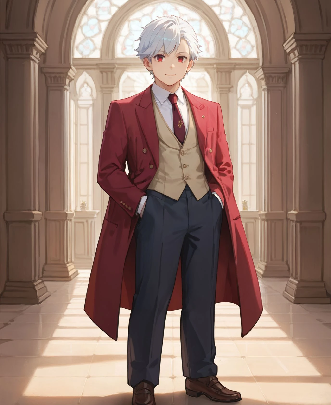 score_9,score_8_up,score_7_up,masterpiece, best quality, <lora:WHM 0.2v:0.5>, WHM, 2D,anime,
<lora:HandFixer_pdxl_Incrs_v1:0.5>,
<lora:bell01:0.7>full body, bell01, solo,
1boy, looking at viewer, smile, shirt, red eyes, closed mouth, white hair, necktie, formal, suit,red tailcoat,