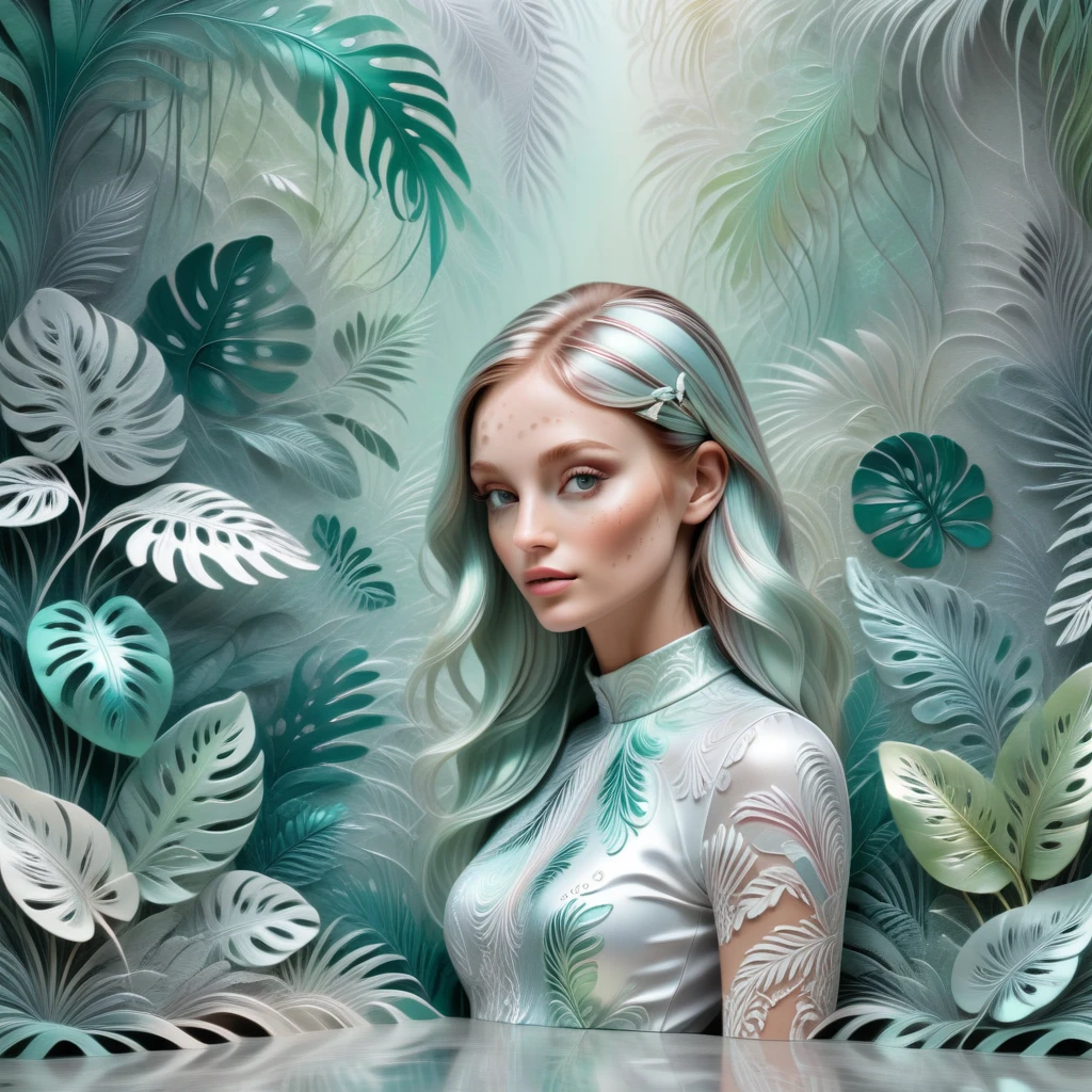 female nature print, rainforest, freckled, chalk, satin, impressionism style, 3D Shadows, muted tones, paisley pattern, foreground effect, airbrush accents, holographic, velour texture, metallic finish  <lora:artfully_SOFTSUBTLE:1>, soft and subtle,