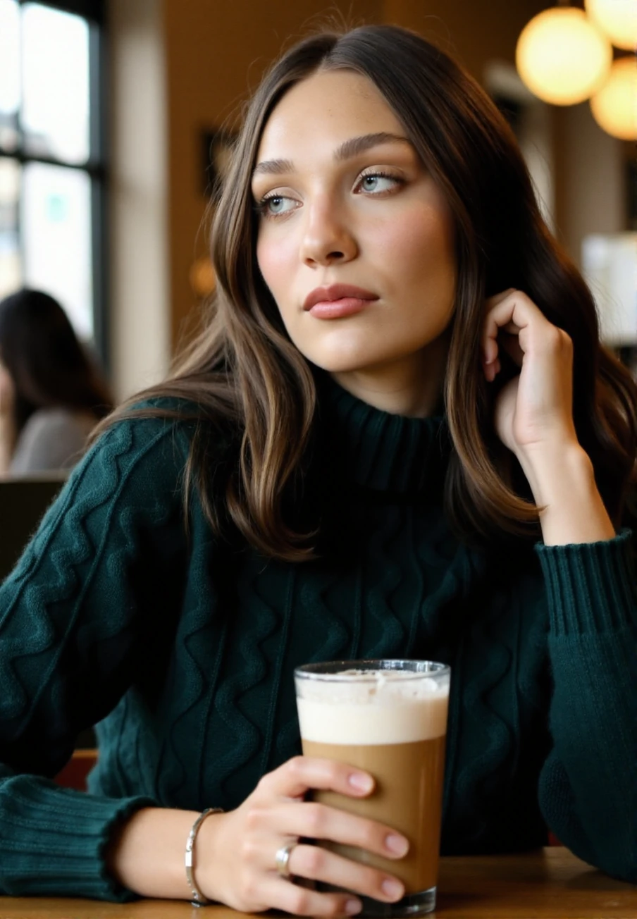 A professional photograph of a young woman with light brunette hair, Maddie_Ziegler, wearing a dark green cable-knit sweater, holding a latte in a cafe, detailed skin, bokeh, SFW<lora:Maddie_Ziegler:1>