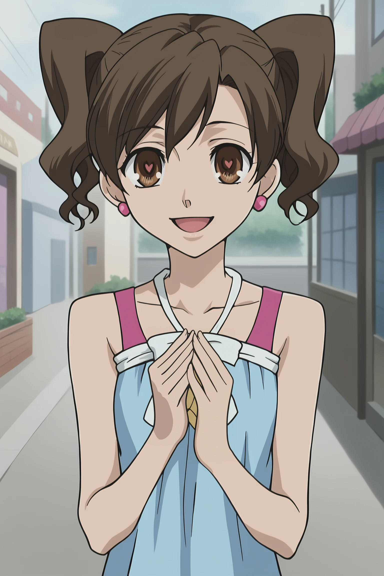 score_9, score_8_up, score_7_up, source_anime, anime screenshot,
in a city,
<lora:Haruhi_Fujioka_r1:.8>1girl, solo, brown hair, brown eyes, Hahuri date outfit, Short hair, twintails  blue dress, earrings, jewely, bare shoulders, sandals, legs, toes,
girl directly facing the viewer, girl looking at the viewer, mouth open, big smile, happy girl, cute girl, detailed hand and fingers, detailed face,
<lora:simple_heart-shaped_pupils:.2> simple_heart-shaped_pupils
<lora:Pony_DetailV2.0:3>