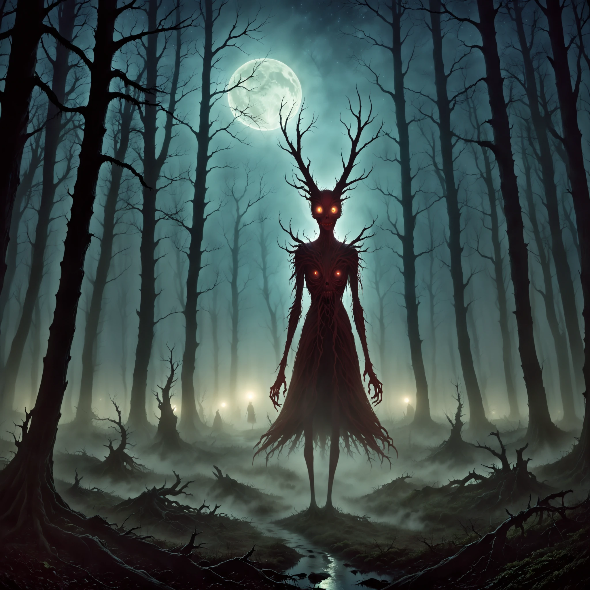 Forest, night, fog, eerie, dark, strange otherworldly glow, eyes gaze back from the darkness, dim light ambient natural moonlight, bizarre creepy, trees almost seem alive, pareidolia of horrors, vivid professional animation, bad dream