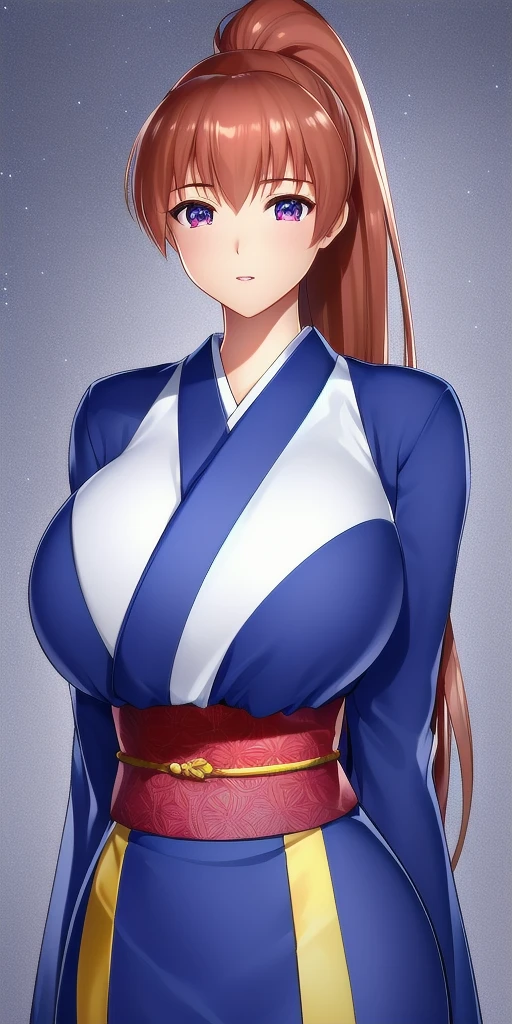 <lora:KasumiHellabunaV6:.8> kasumi_hellabuna, huge_breasts, standing, solo, arms_behind_back, starry_sky, high_ponytail, japanese_clothes,, masterpiece, best_quality, detailed_face, detailed_eyes, highres, beautiful, detailed, absurdres,