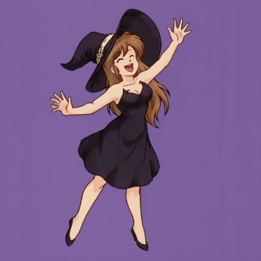 dancing, laughing, simple background,  <lora:Ranma_One_Half:1> <lora:Deneb_Rove_Ogre_Battle_-_Character_PonyXL:0.7> denebrove, witch hat, black dress,